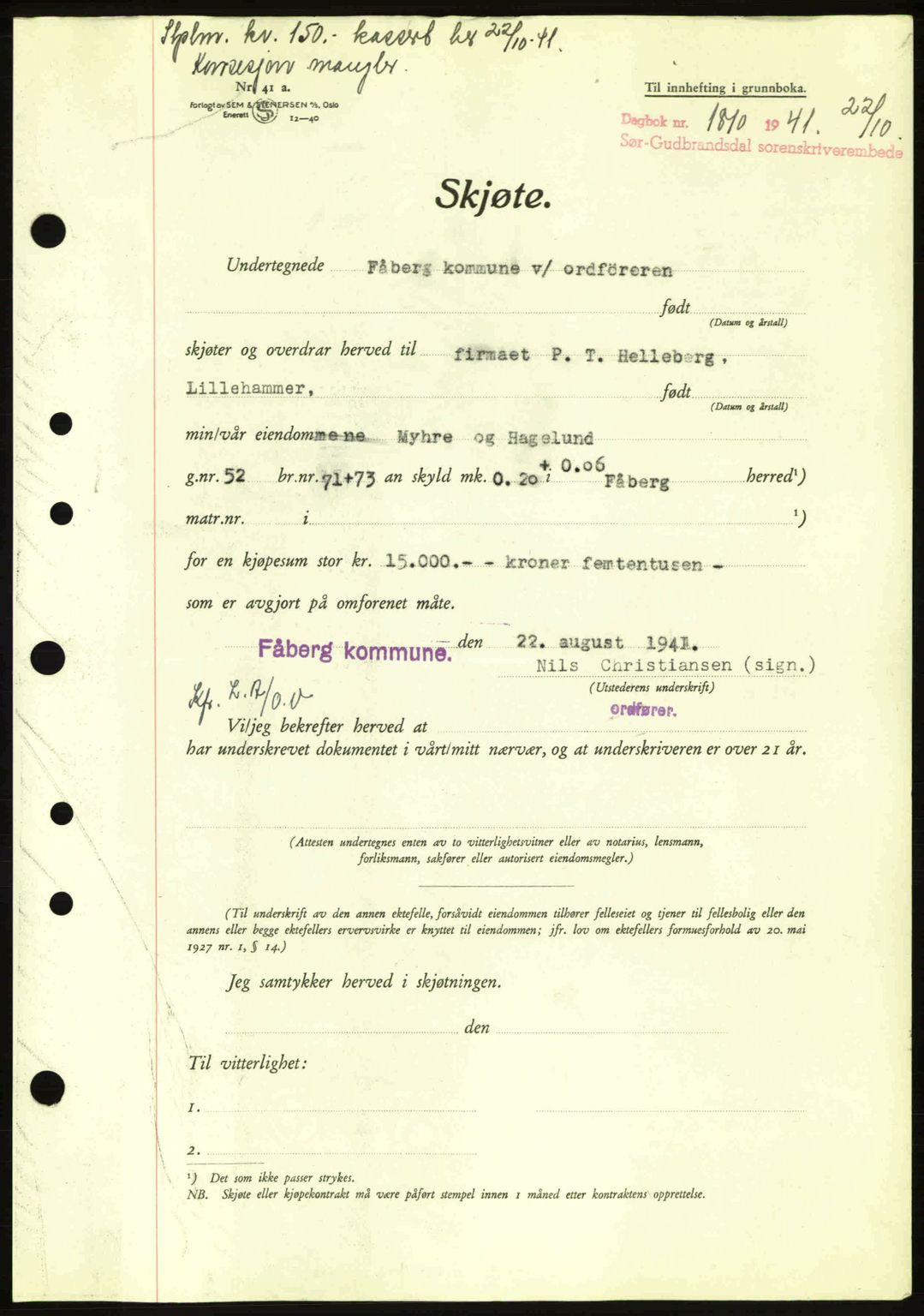 Sør-Gudbrandsdal tingrett, SAH/TING-004/H/Hb/Hbd/L0009: Pantebok nr. A9, 1941-1941, Dagboknr: 1810/1941