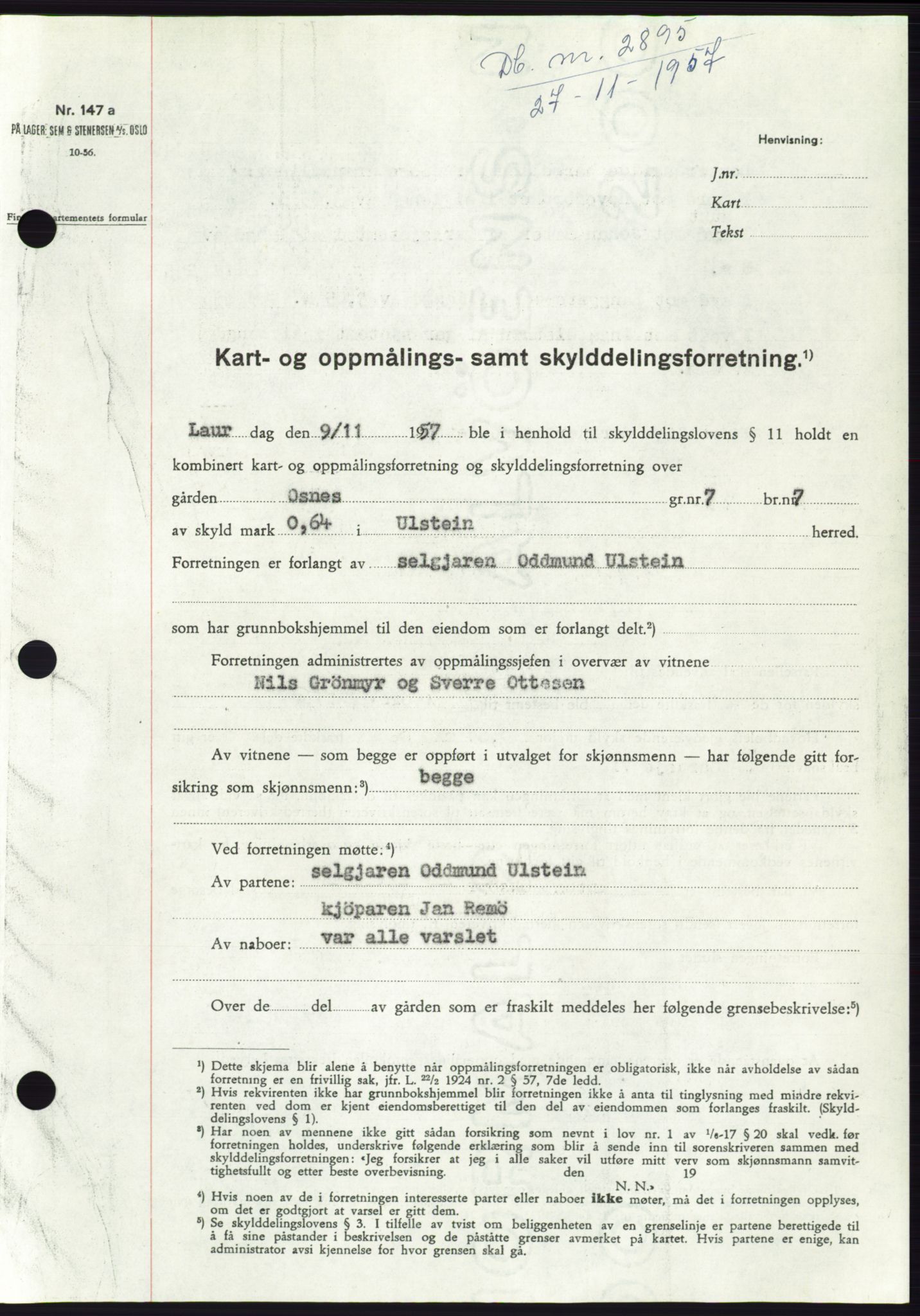 Søre Sunnmøre sorenskriveri, SAT/A-4122/1/2/2C/L0108: Pantebok nr. 34A, 1957-1958, Dagboknr: 2895/1957