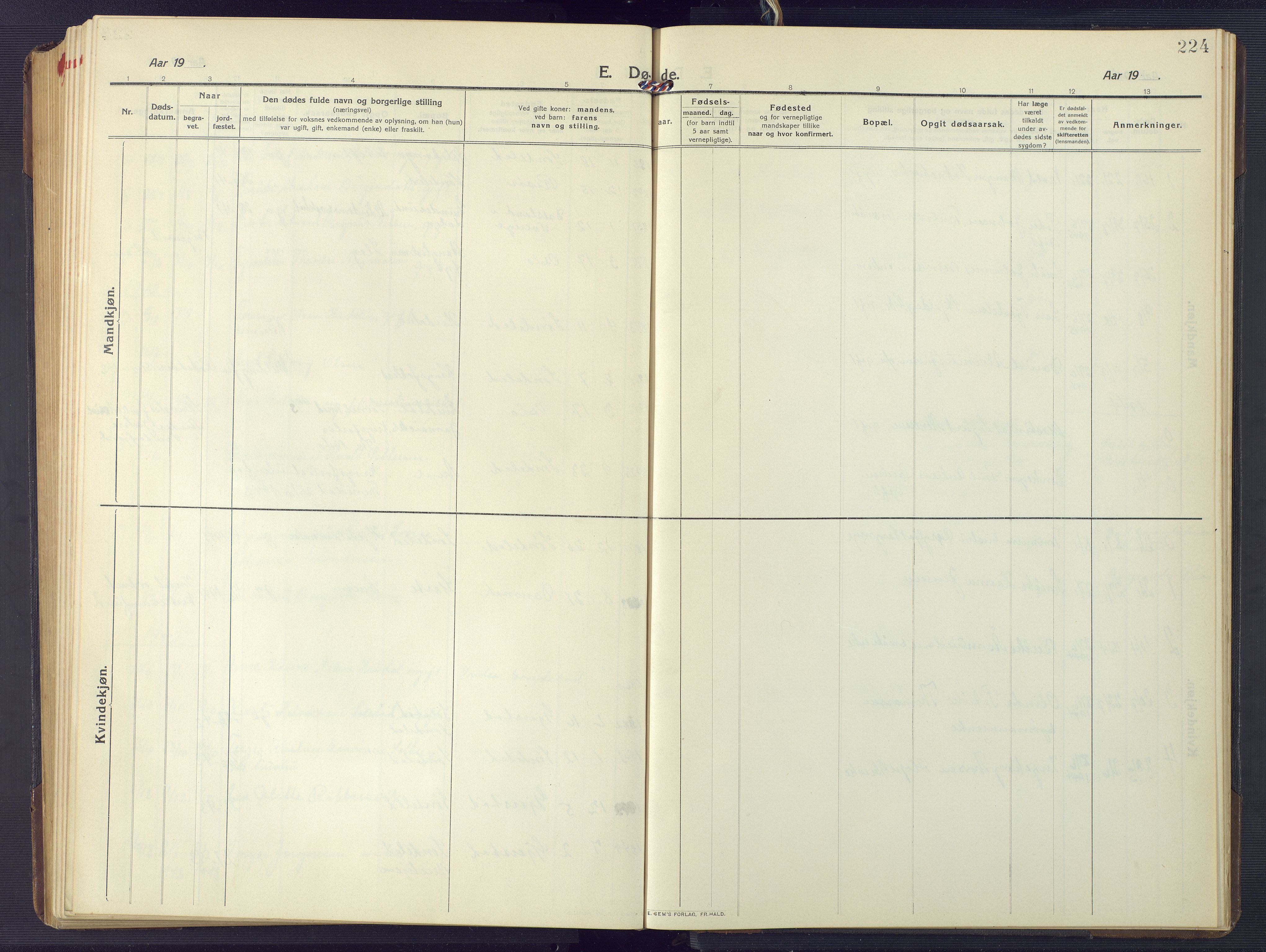 Søndeled sokneprestkontor, SAK/1111-0038/F/Fb/L0006: Klokkerbok nr. B 7, 1912-1947, s. 224