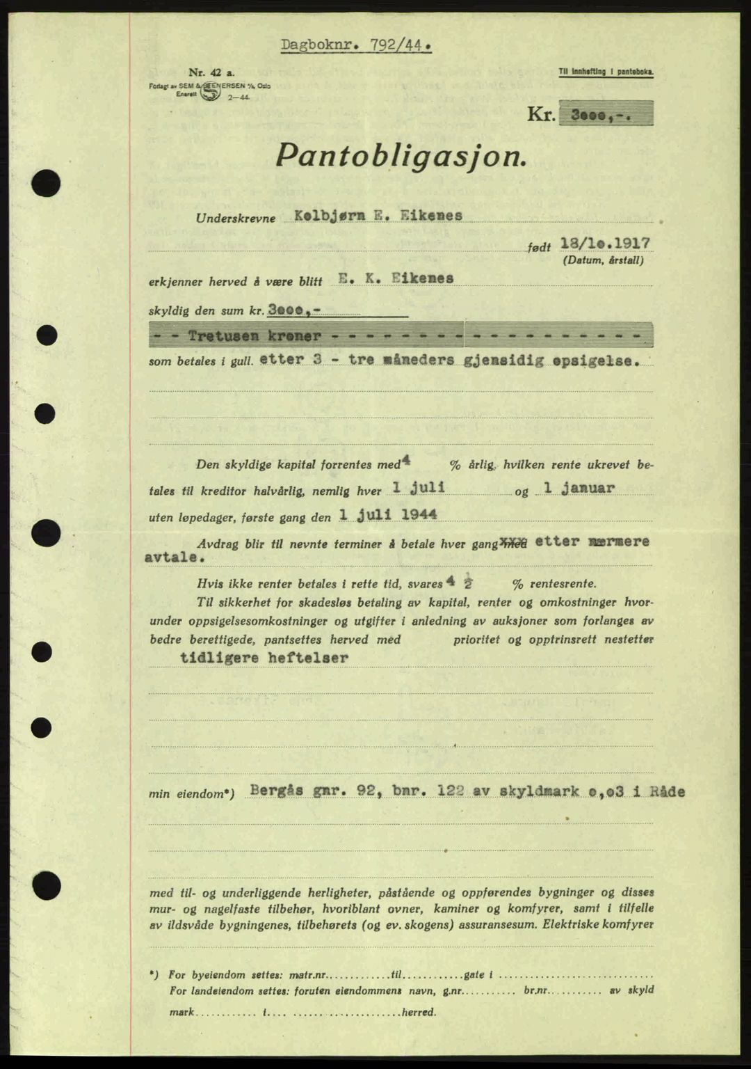 Moss sorenskriveri, SAO/A-10168: Pantebok nr. B13, 1943-1945, Dagboknr: 792/1944