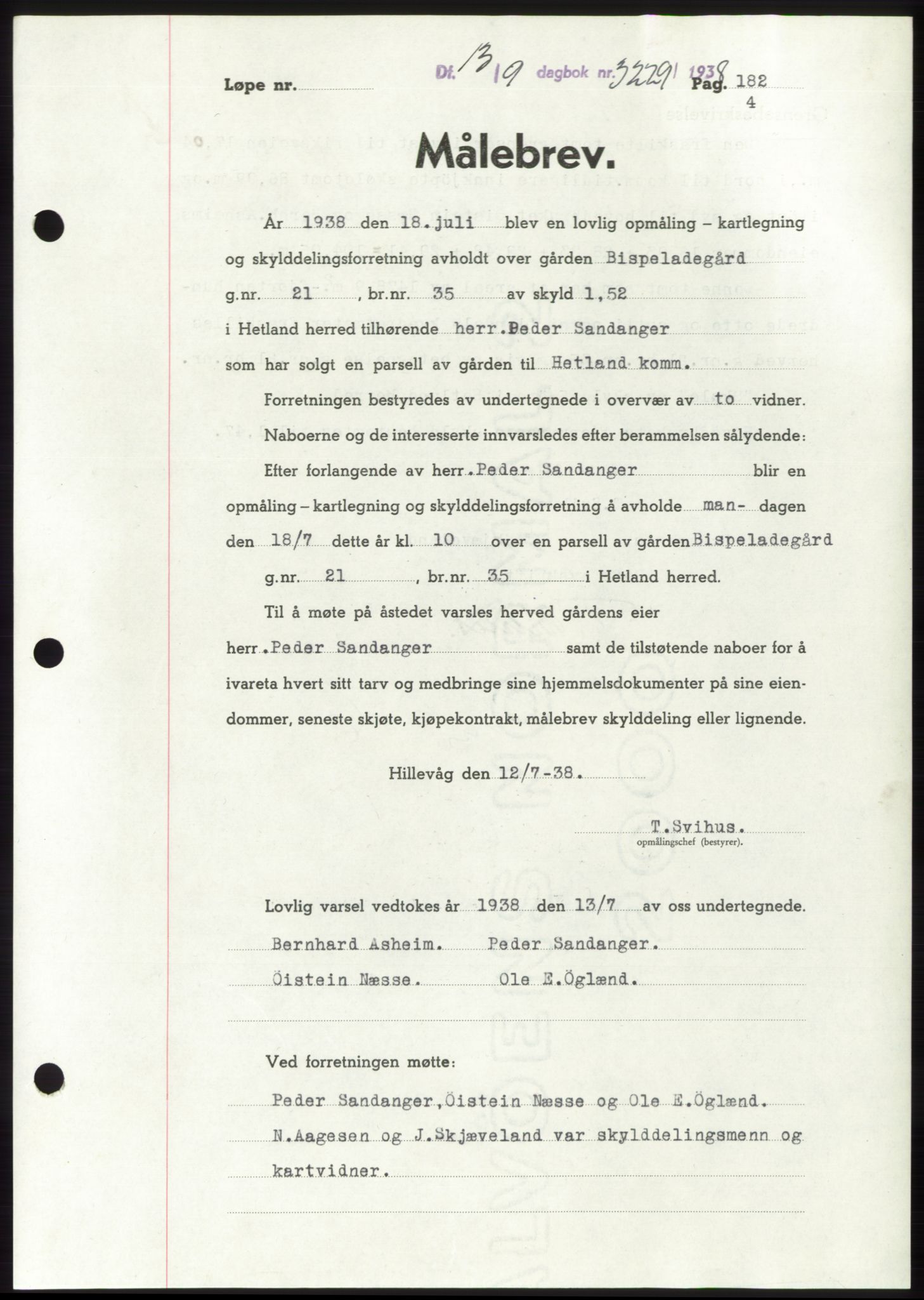Jæren sorenskriveri, SAST/A-100310/03/G/Gba/L0072: Pantebok, 1938-1938, Dagboknr: 3229/1938
