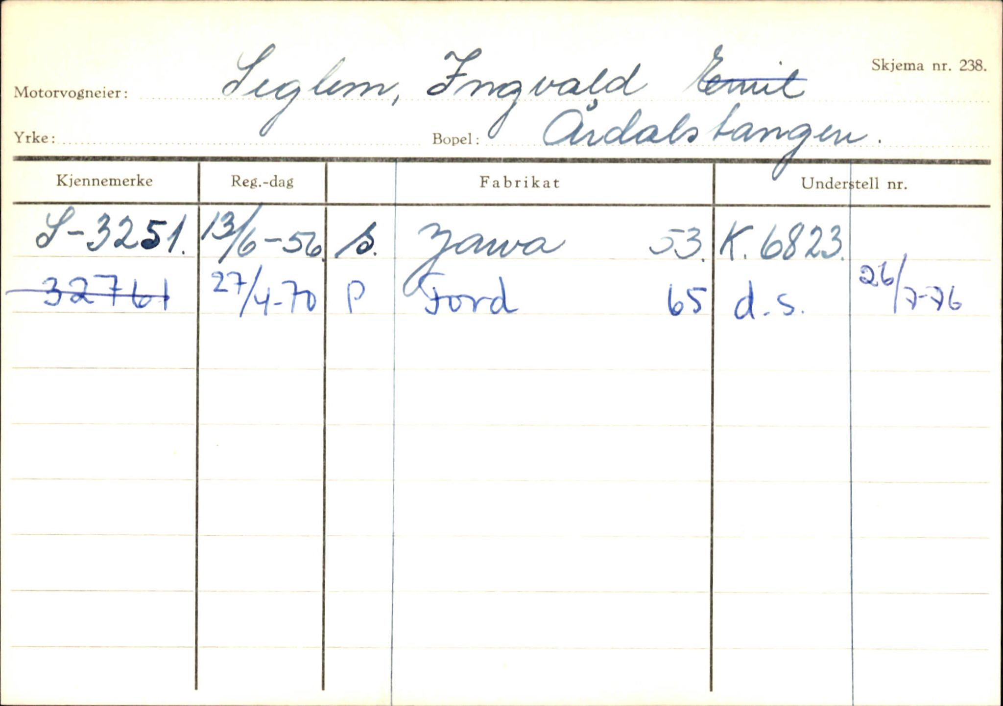 Statens vegvesen, Sogn og Fjordane vegkontor, SAB/A-5301/4/F/L0146: Registerkort Årdal R-Å samt diverse kort, 1945-1975, s. 240