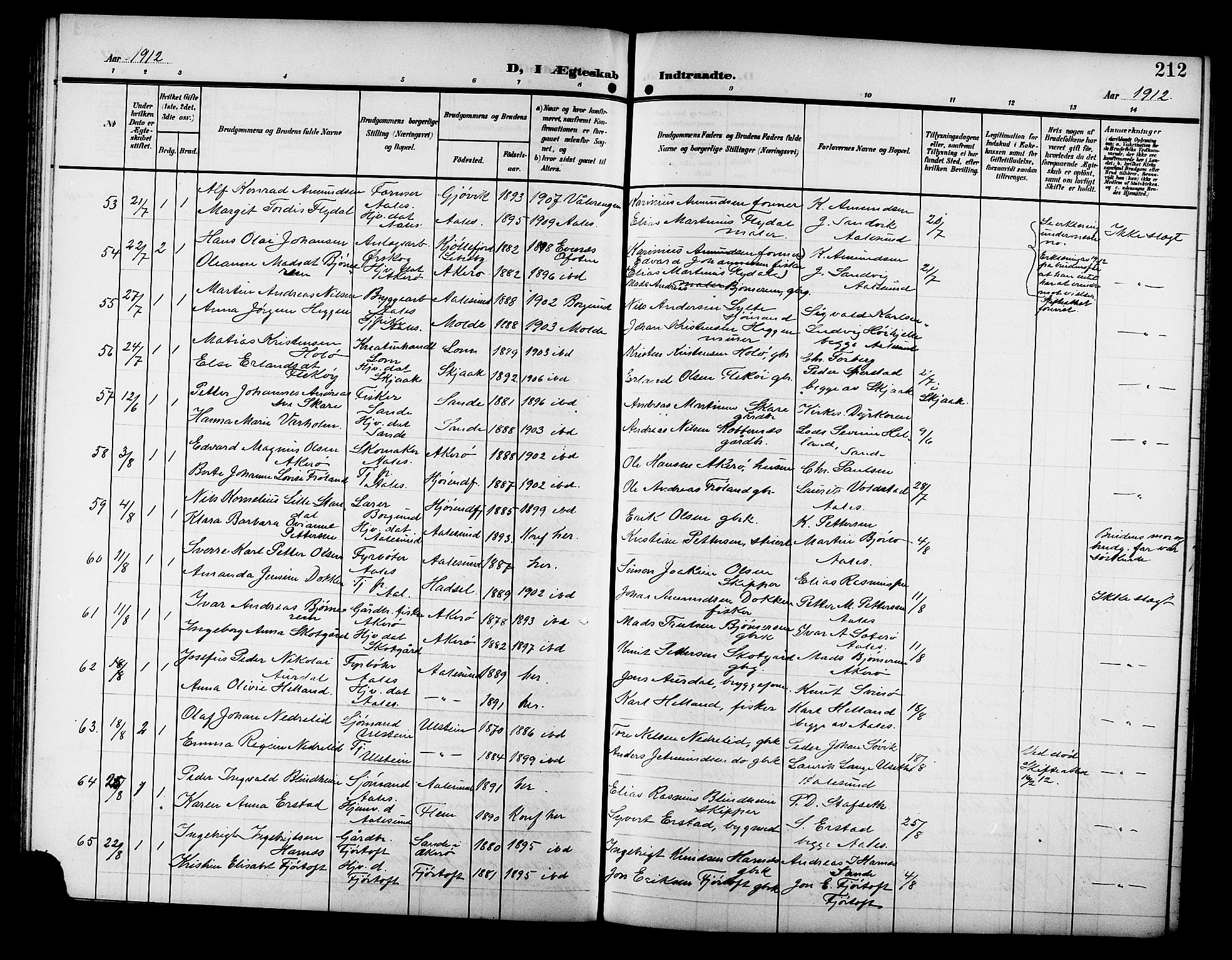 Ministerialprotokoller, klokkerbøker og fødselsregistre - Møre og Romsdal, SAT/A-1454/529/L0470: Klokkerbok nr. 529C07, 1907-1917, s. 212