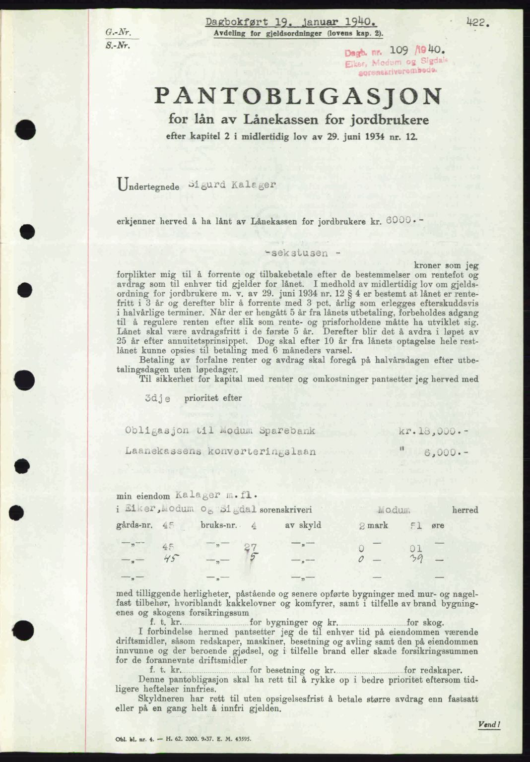Eiker, Modum og Sigdal sorenskriveri, SAKO/A-123/G/Ga/Gab/L0041: Pantebok nr. A11, 1939-1940, Dagboknr: 109/1940