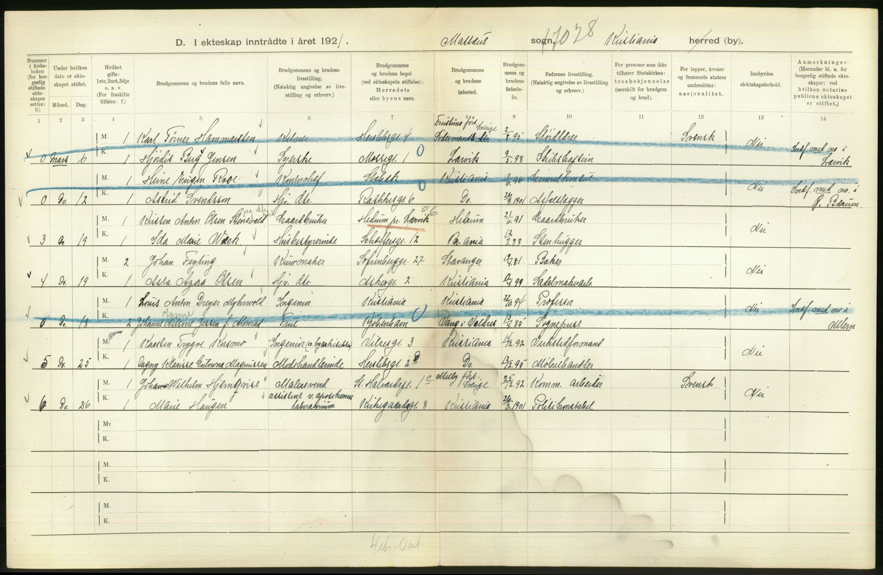 Statistisk sentralbyrå, Sosiodemografiske emner, Befolkning, AV/RA-S-2228/D/Df/Dfc/Dfca/L0011: Kristiania: Gifte, 1921, s. 494