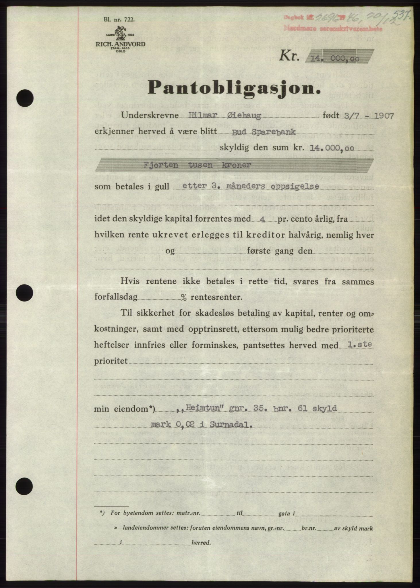 Nordmøre sorenskriveri, SAT/A-4132/1/2/2Ca: Pantebok nr. B95, 1946-1947, Dagboknr: 2696/1946