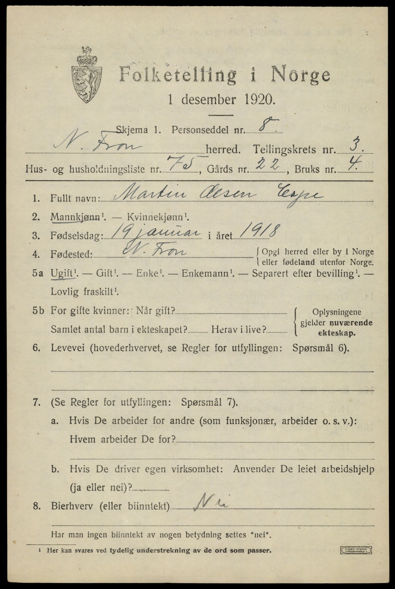 SAH, Folketelling 1920 for 0518 Nord-Fron herred, 1920, s. 4022