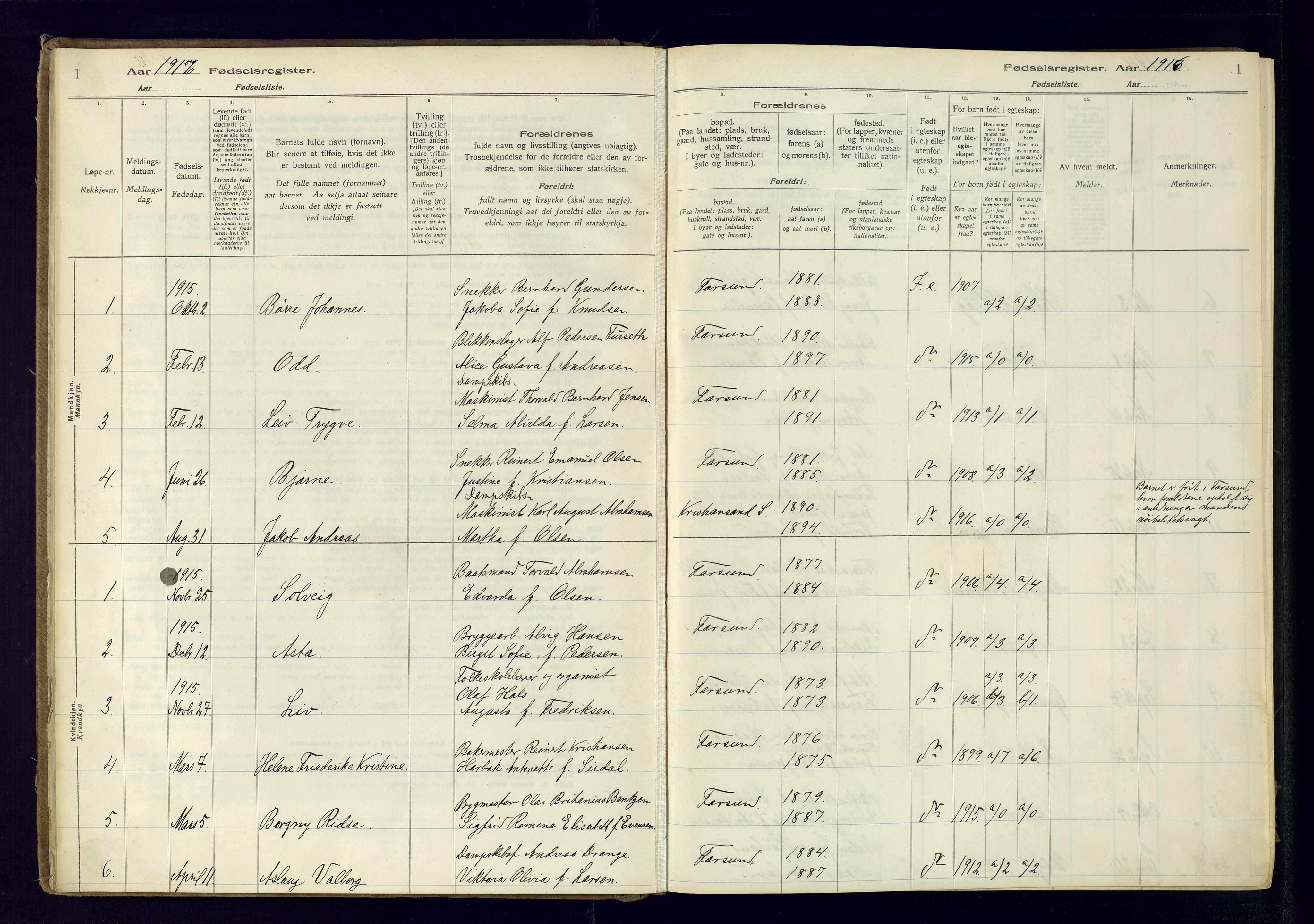 Farsund sokneprestkontor, AV/SAK-1111-0009/J/Ja/L0001: Fødselsregister nr. A-VI-8, 1916-1950, s. 1