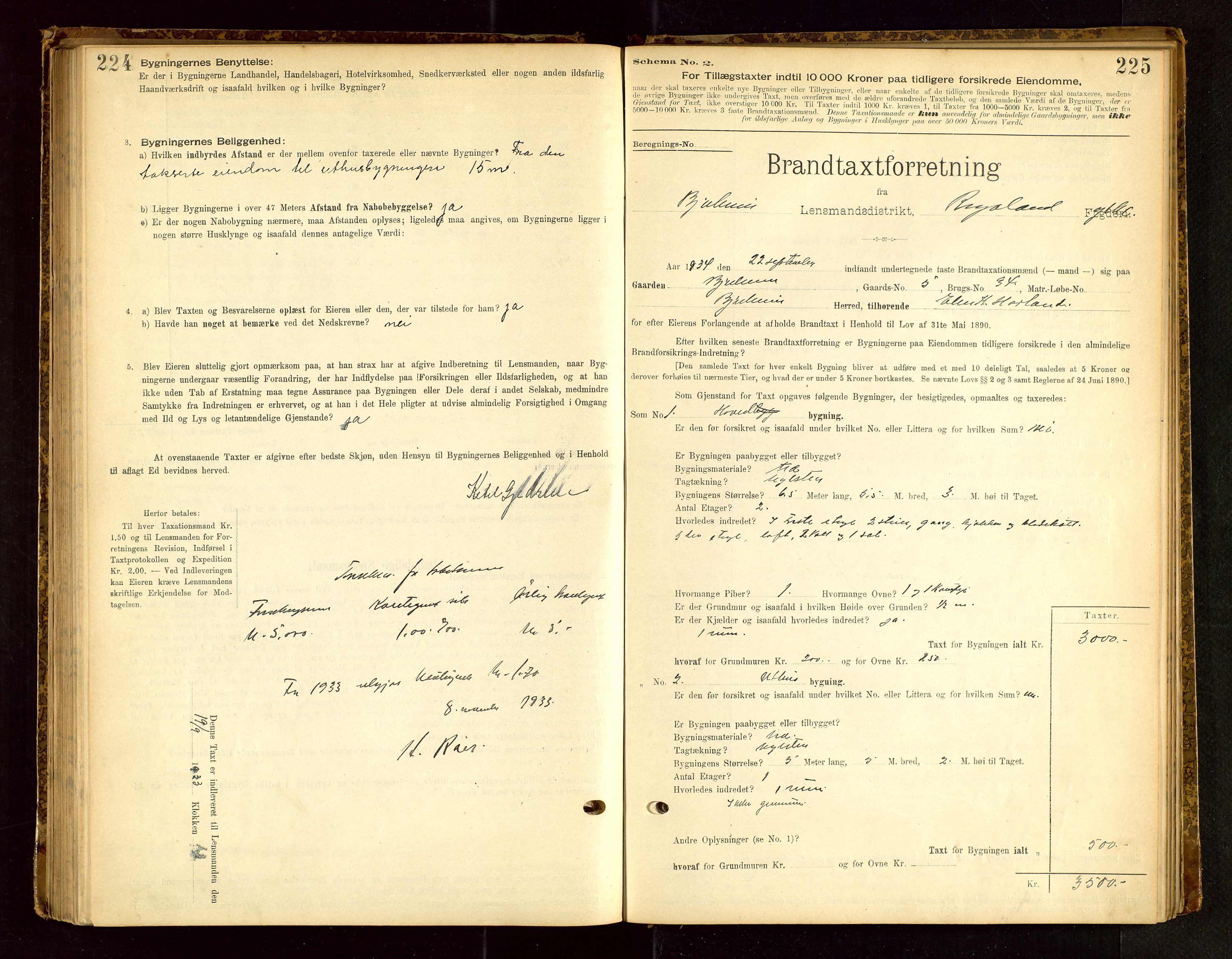 Bjerkreim lensmannskontor, SAST/A-100090/Gob/L0001: "Brandtaxationsprotokol", 1895-1950, s. 224-225