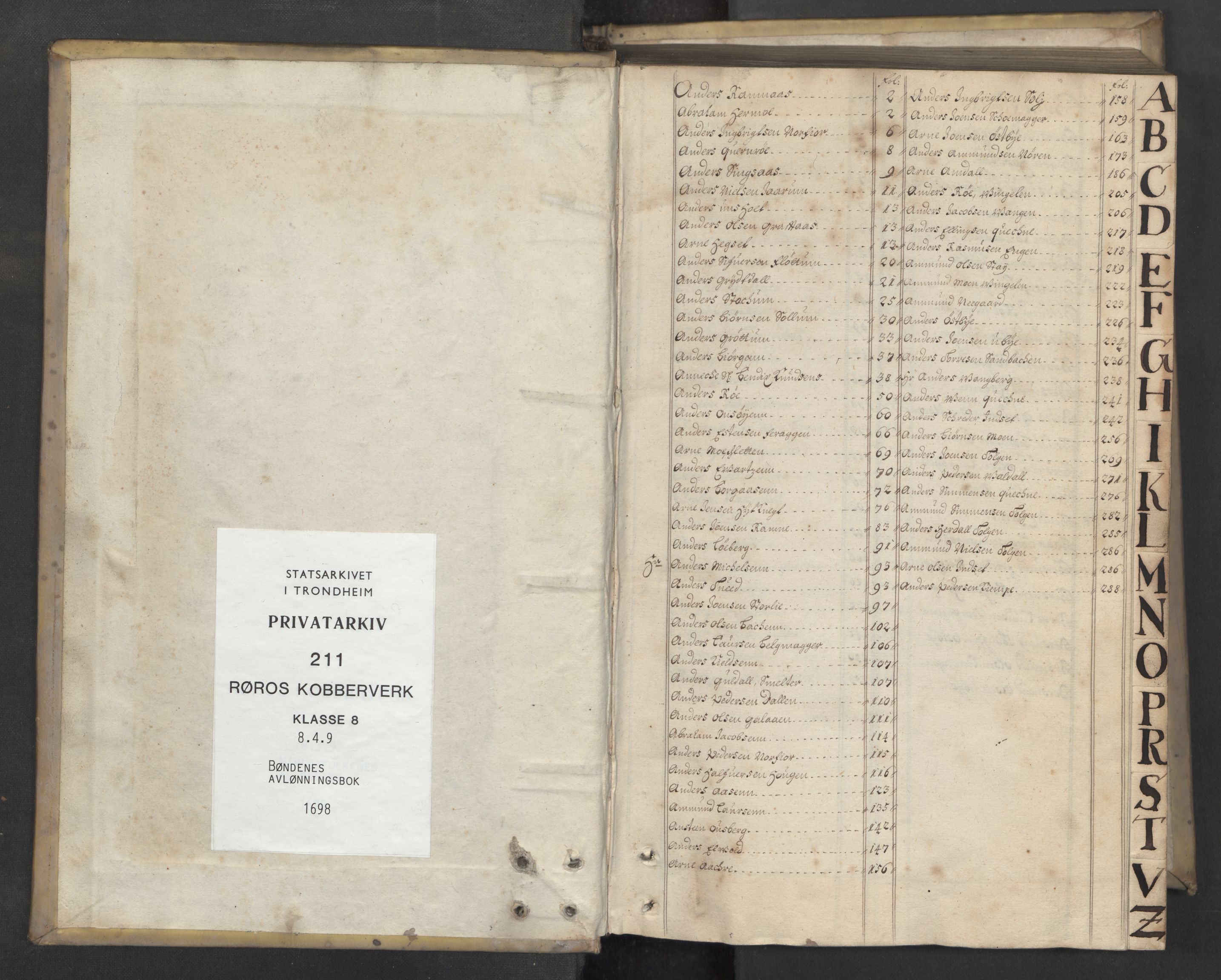 Røros kobberverk, SAT/PA-0211/1/08/L0419: 8.4.9 Bøndenes avlønningsbok, 1698