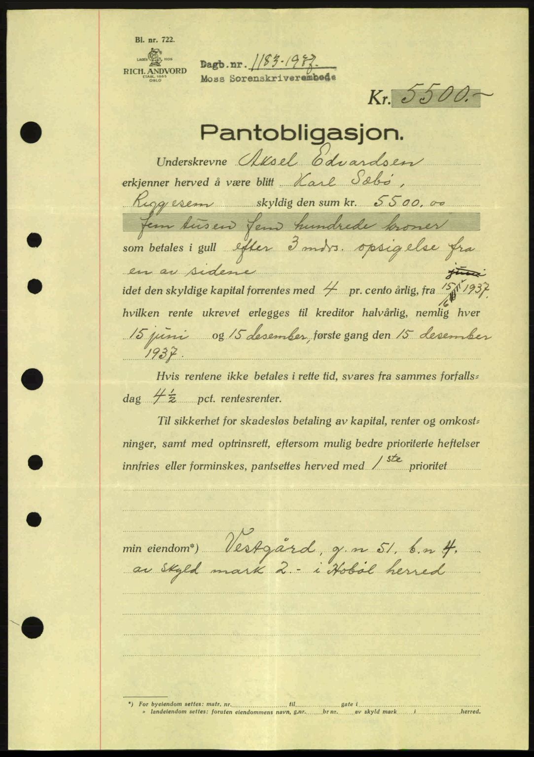 Moss sorenskriveri, SAO/A-10168: Pantebok nr. B3, 1937-1937, Dagboknr: 1183/1937