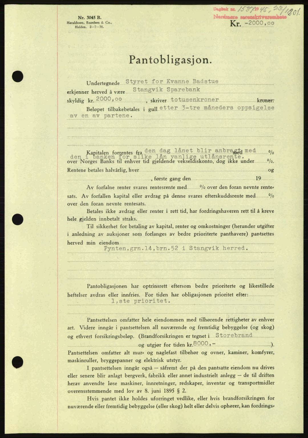 Nordmøre sorenskriveri, AV/SAT-A-4132/1/2/2Ca: Pantebok nr. B93a, 1945-1945, Dagboknr: 1537/1945