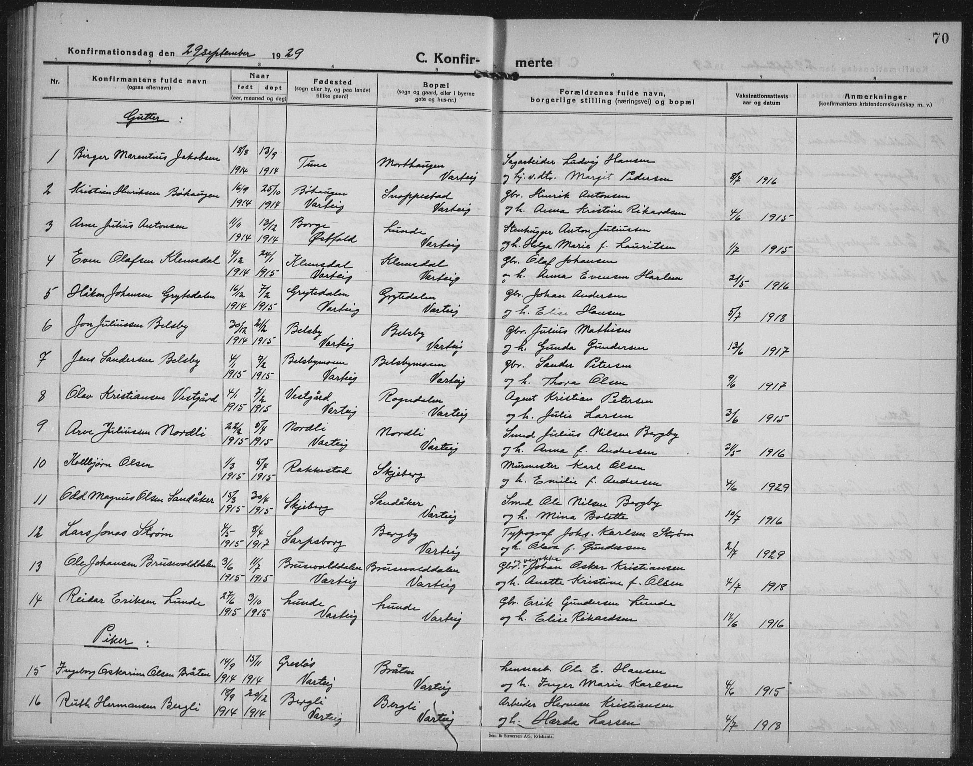 Varteig prestekontor Kirkebøker, AV/SAO-A-10447a/G/Ga/L0002: Klokkerbok nr. 2, 1924-1941, s. 70
