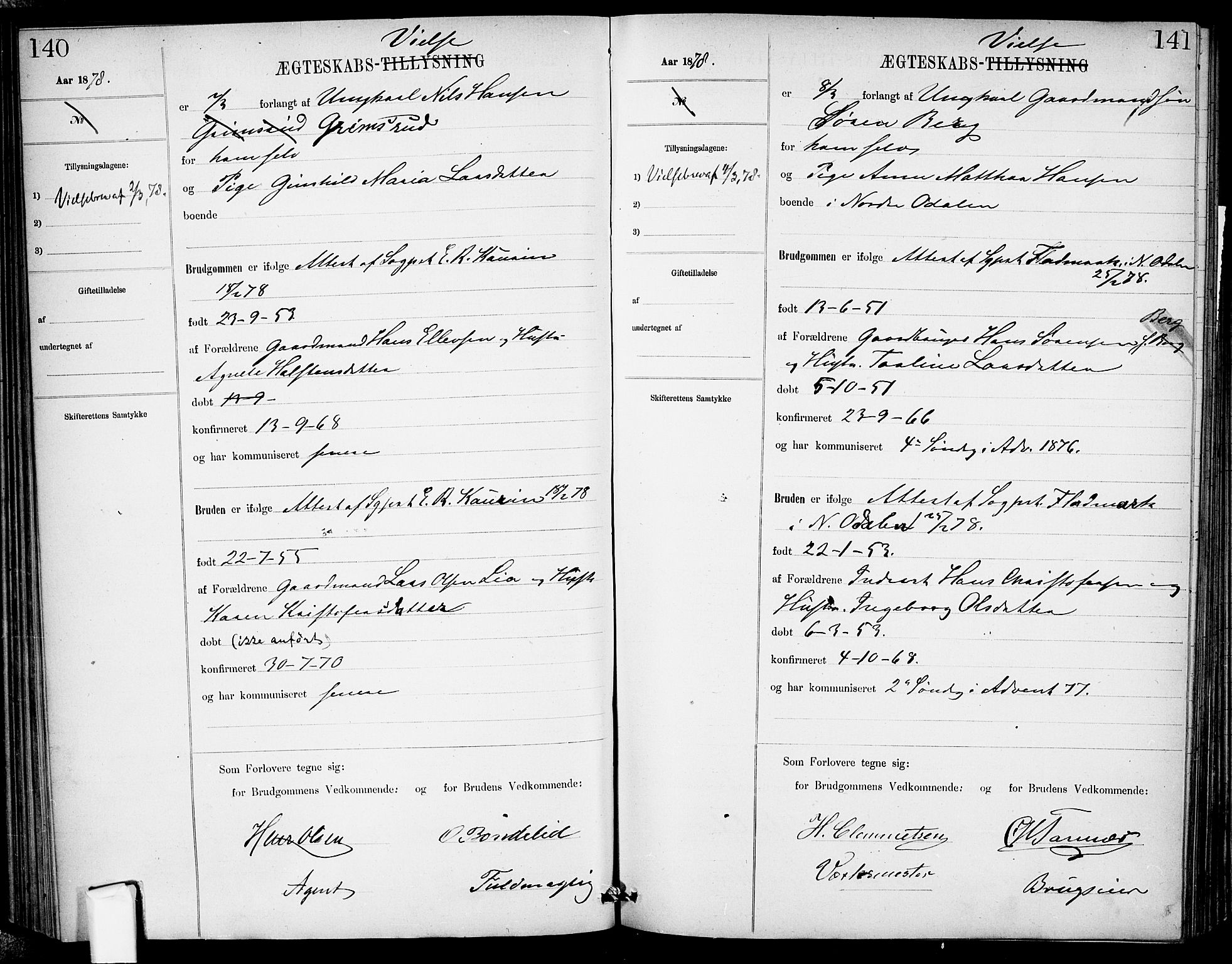 Garnisonsmenigheten Kirkebøker, AV/SAO-A-10846/H/Ha/L0007: Lysningsprotokoll nr. I 7, 1872-1893, s. 140-141