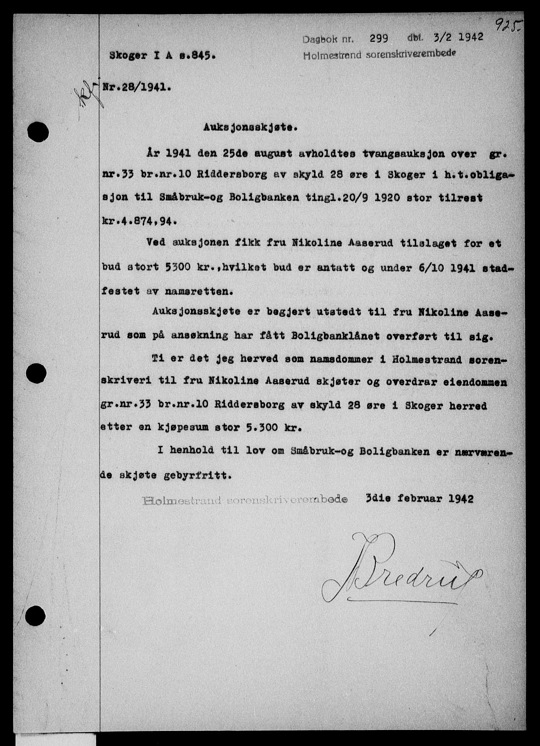 Holmestrand sorenskriveri, SAKO/A-67/G/Ga/Gaa/L0054: Pantebok nr. A-54, 1941-1942, Dagboknr: 299/1942