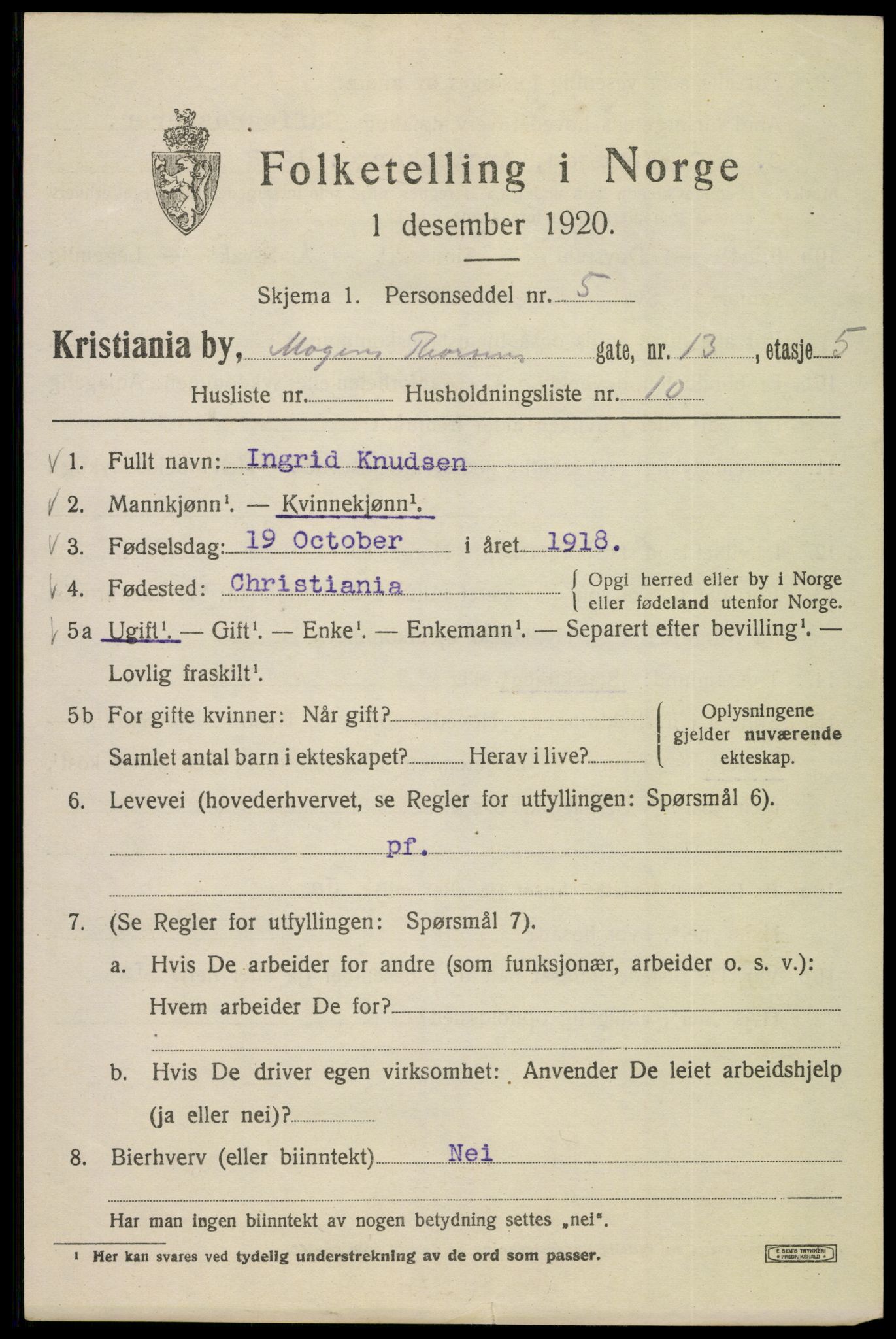 SAO, Folketelling 1920 for 0301 Kristiania kjøpstad, 1920, s. 396525