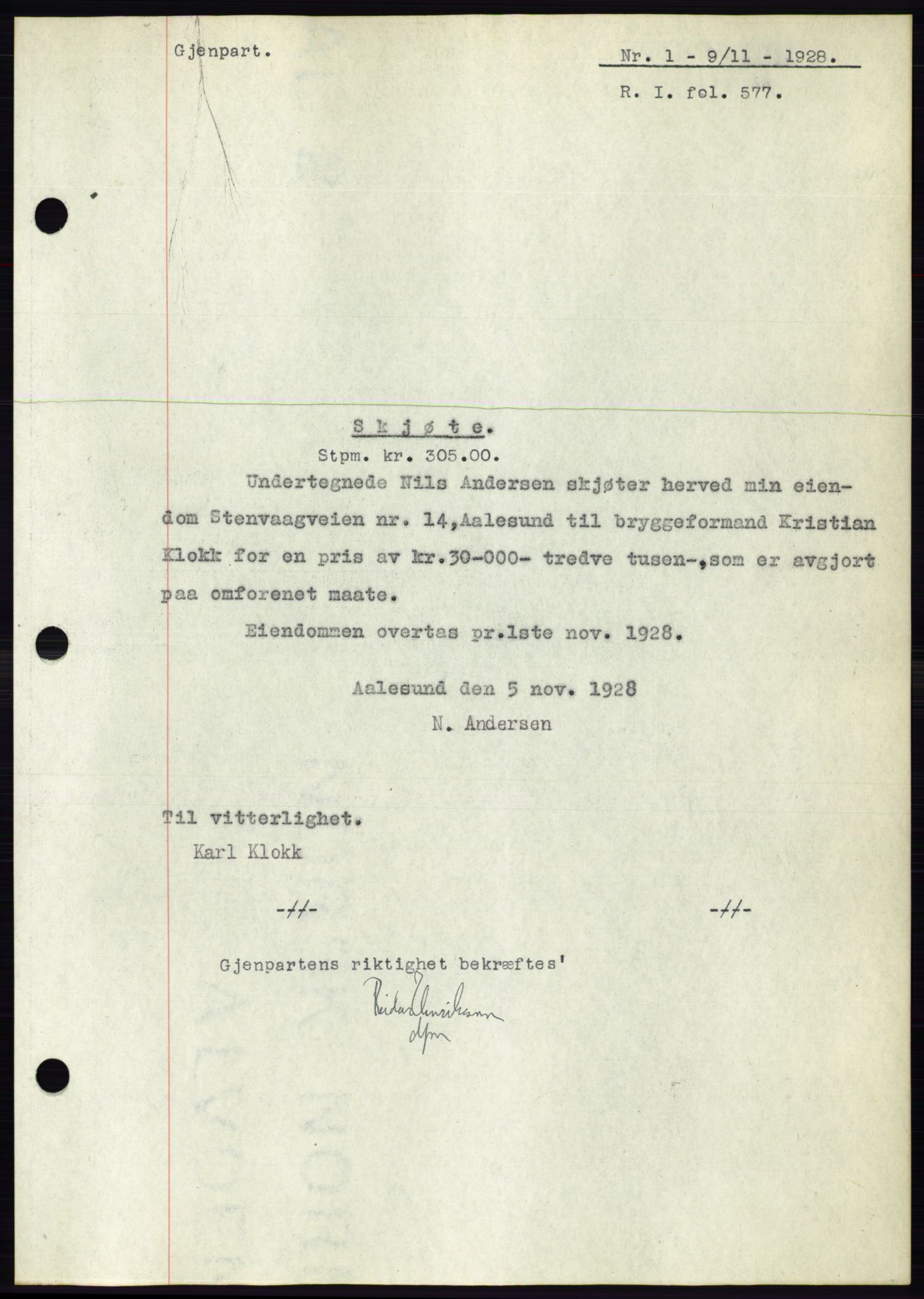 Ålesund byfogd, SAT/A-4384: Pantebok nr. 24, 1928-1929, Tingl.dato: 09.11.1928