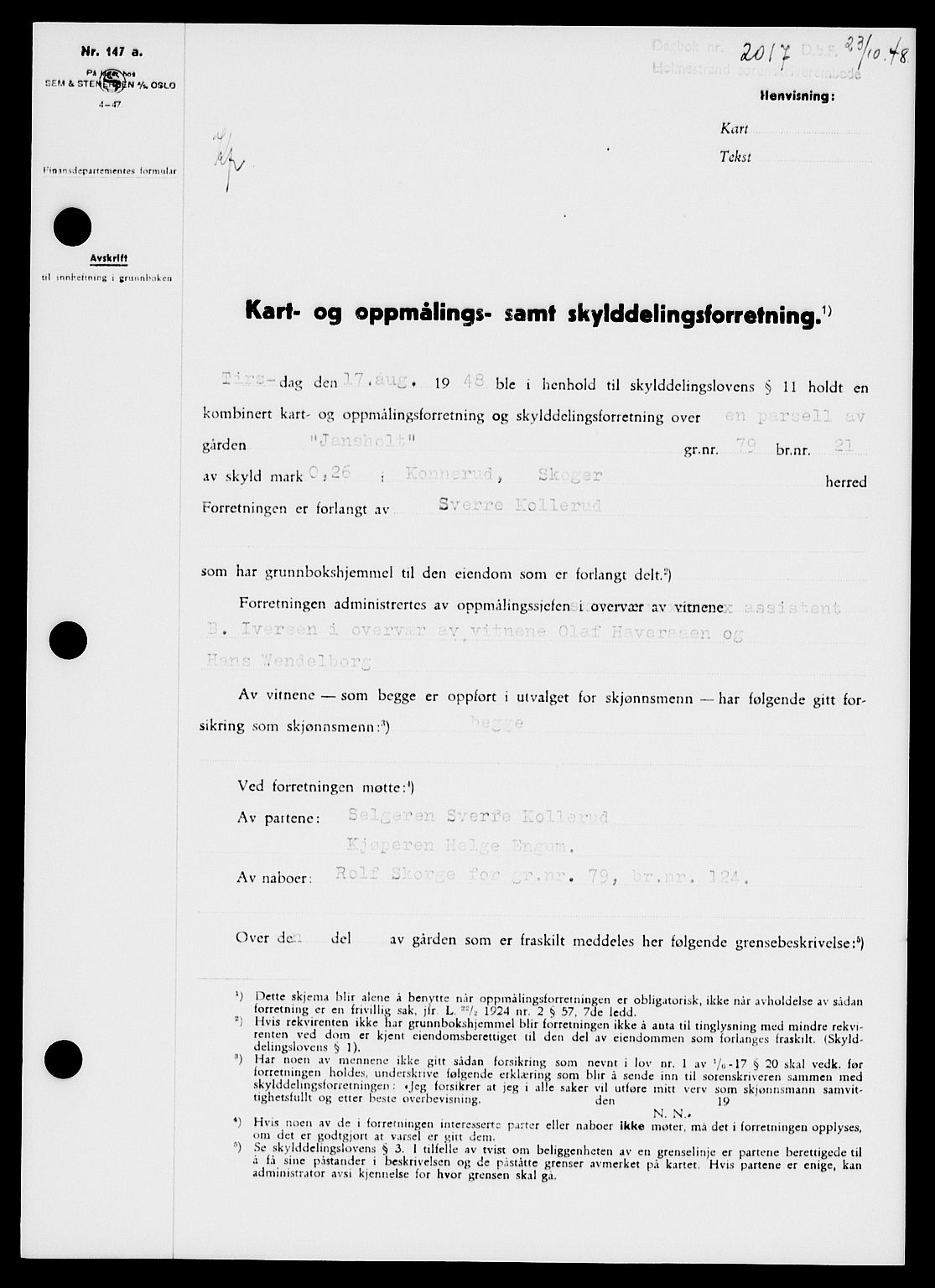 Holmestrand sorenskriveri, SAKO/A-67/G/Ga/Gaa/L0065: Pantebok nr. A-65, 1948-1949, Dagboknr: 2017/1948