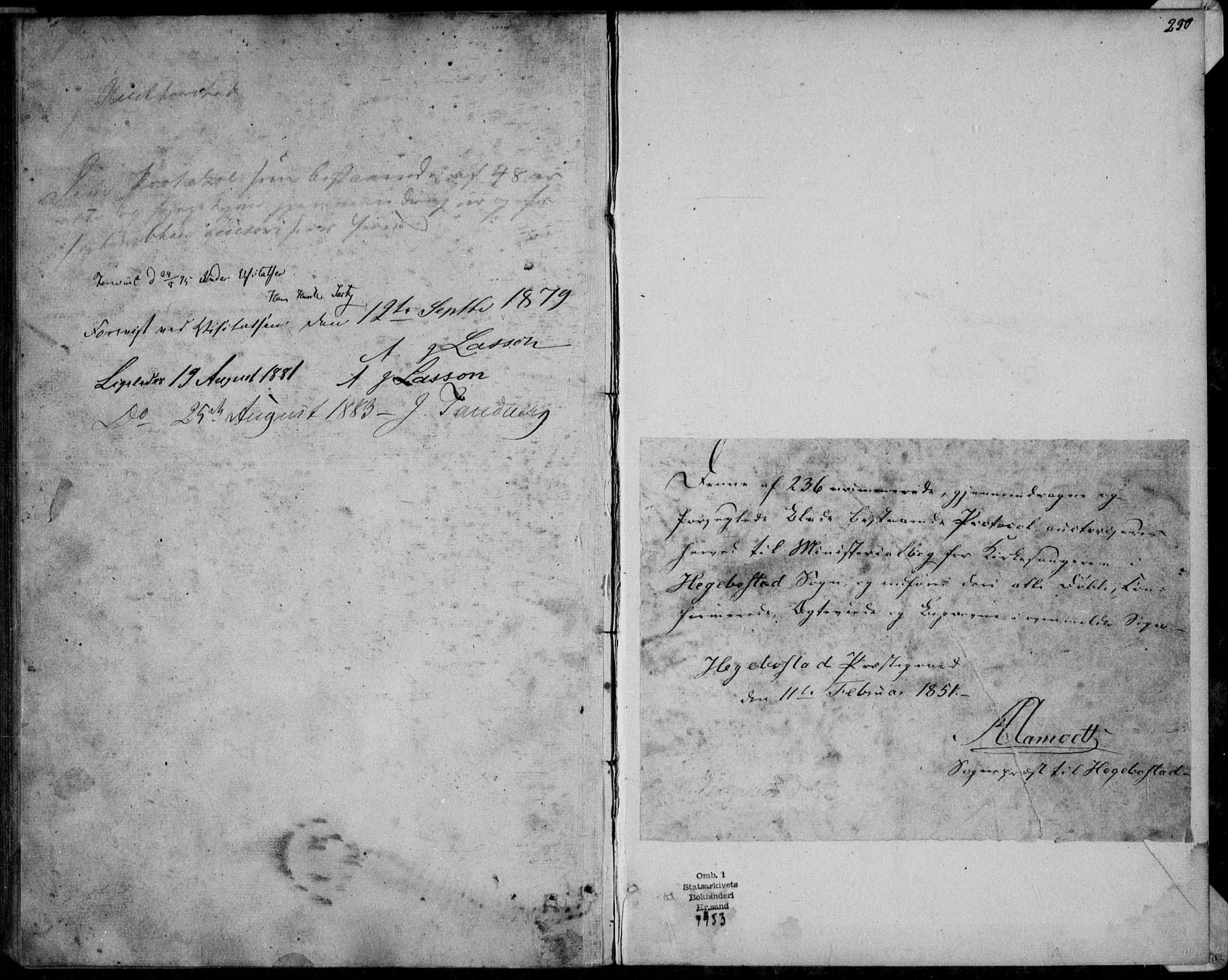 Hægebostad sokneprestkontor, SAK/1111-0024/F/Fb/Fba/L0002: Klokkerbok nr. B 2, 1851-1882, s. 230