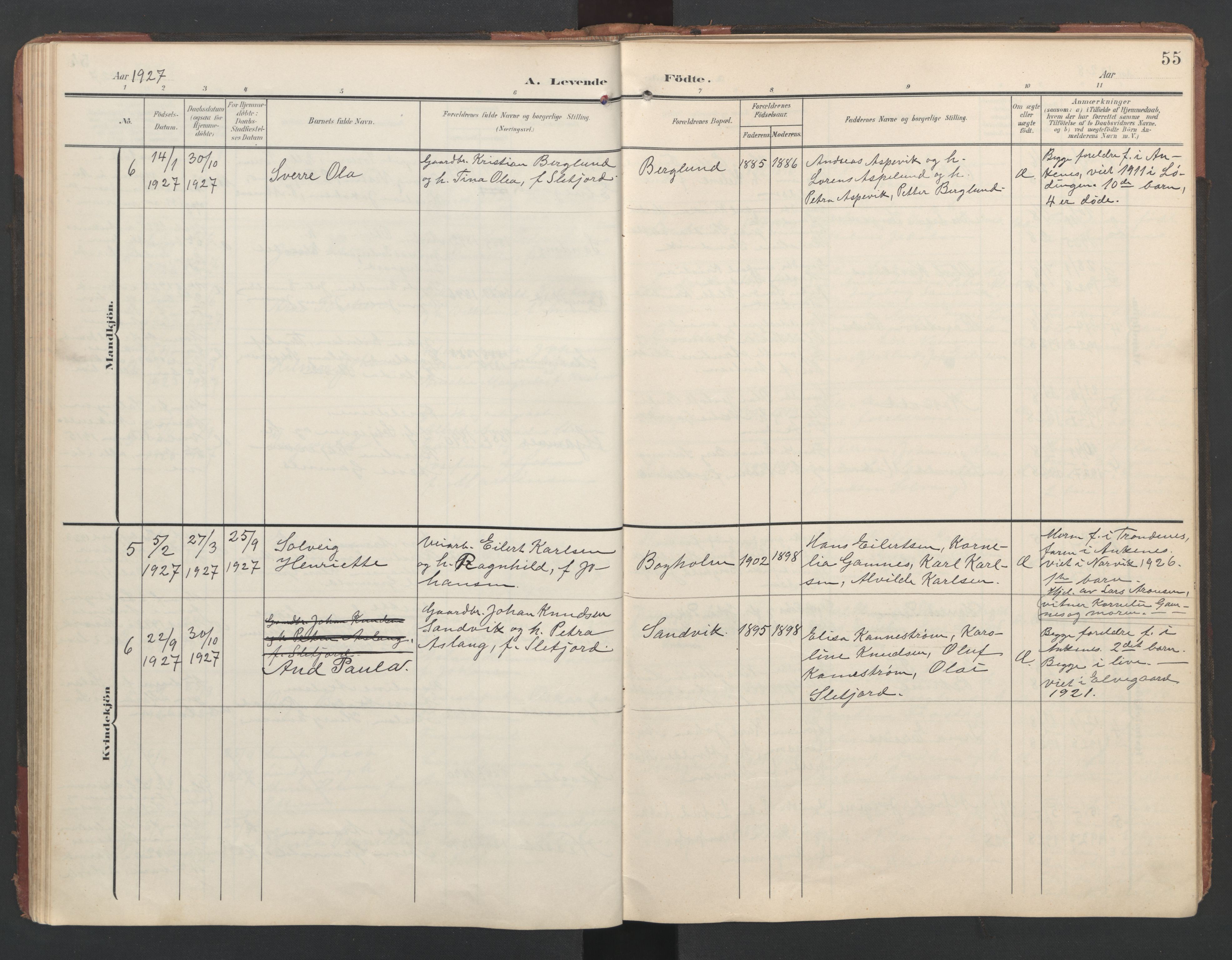 Ministerialprotokoller, klokkerbøker og fødselsregistre - Nordland, AV/SAT-A-1459/867/L0966: Klokkerbok nr. 867C01, 1904-1952, s. 55