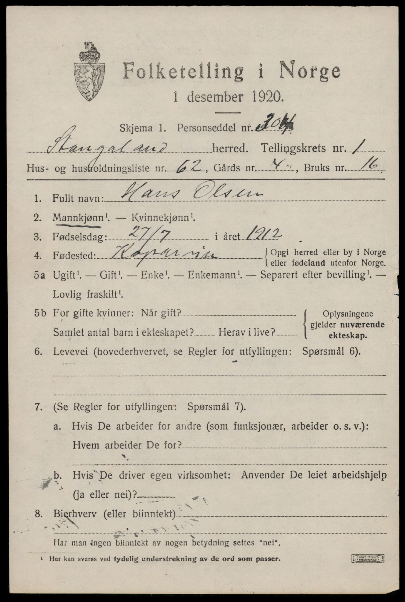 SAST, Folketelling 1920 for 1148 Stangaland herred, 1920, s. 1191