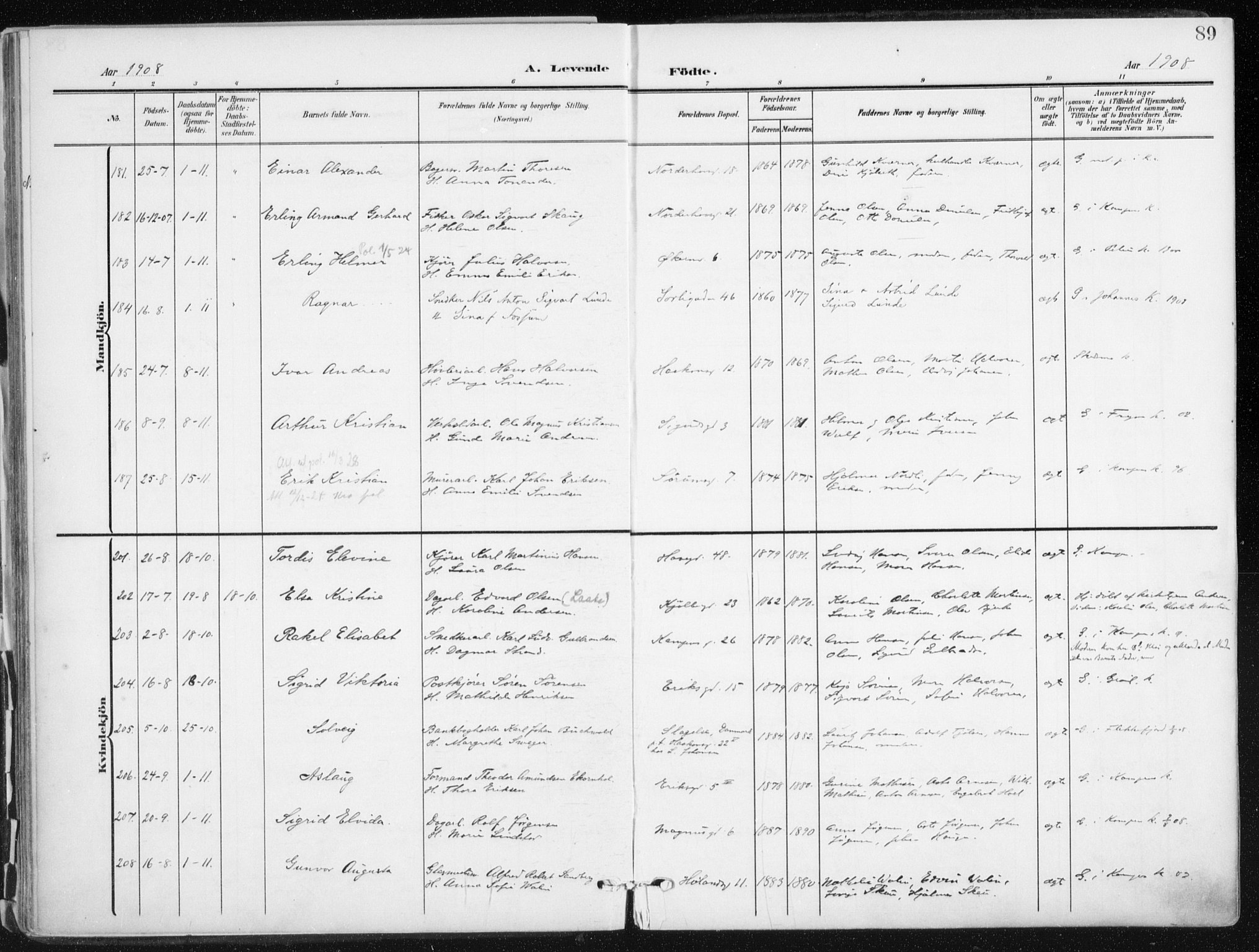 Kampen prestekontor Kirkebøker, AV/SAO-A-10853/F/Fa/L0010: Ministerialbok nr. I 10, 1905-1917, s. 89
