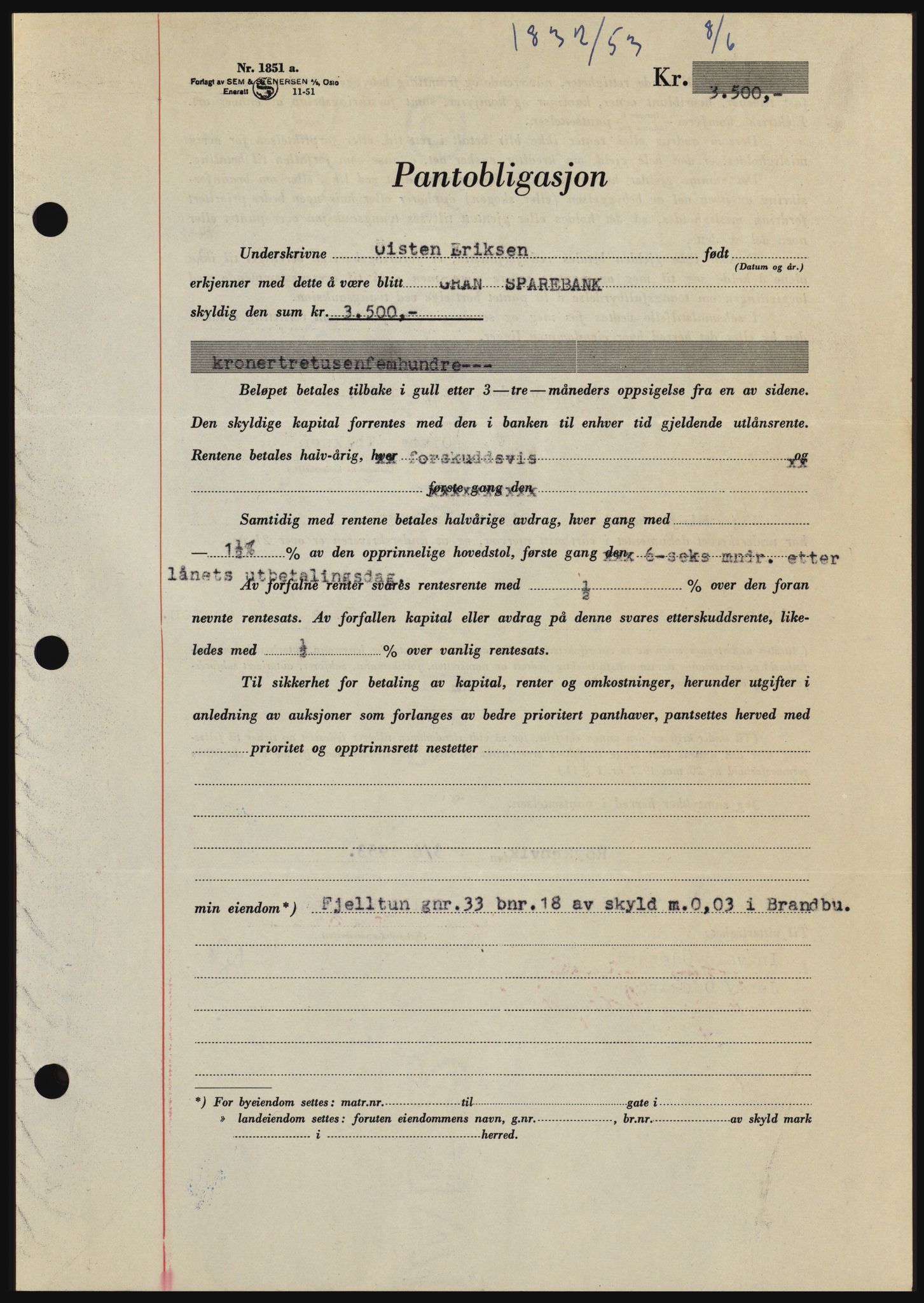 Hadeland og Land tingrett, SAH/TING-010/H/Hb/Hbc/L0027: Pantebok nr. B27, 1953-1953, Dagboknr: 1832/1953