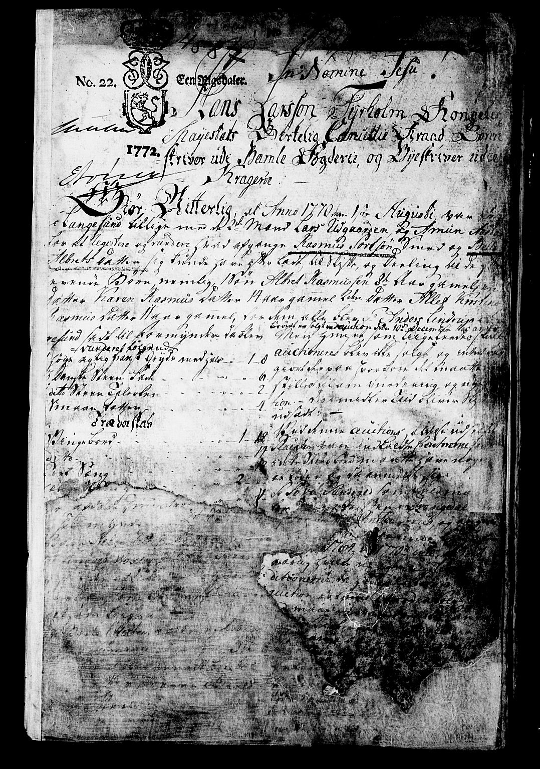 Bamble sorenskriveri, SAKO/A-214/H/Hb/Hba/Hbaa/L0007: Skifteprotokoll, 1770-1773, s. 1