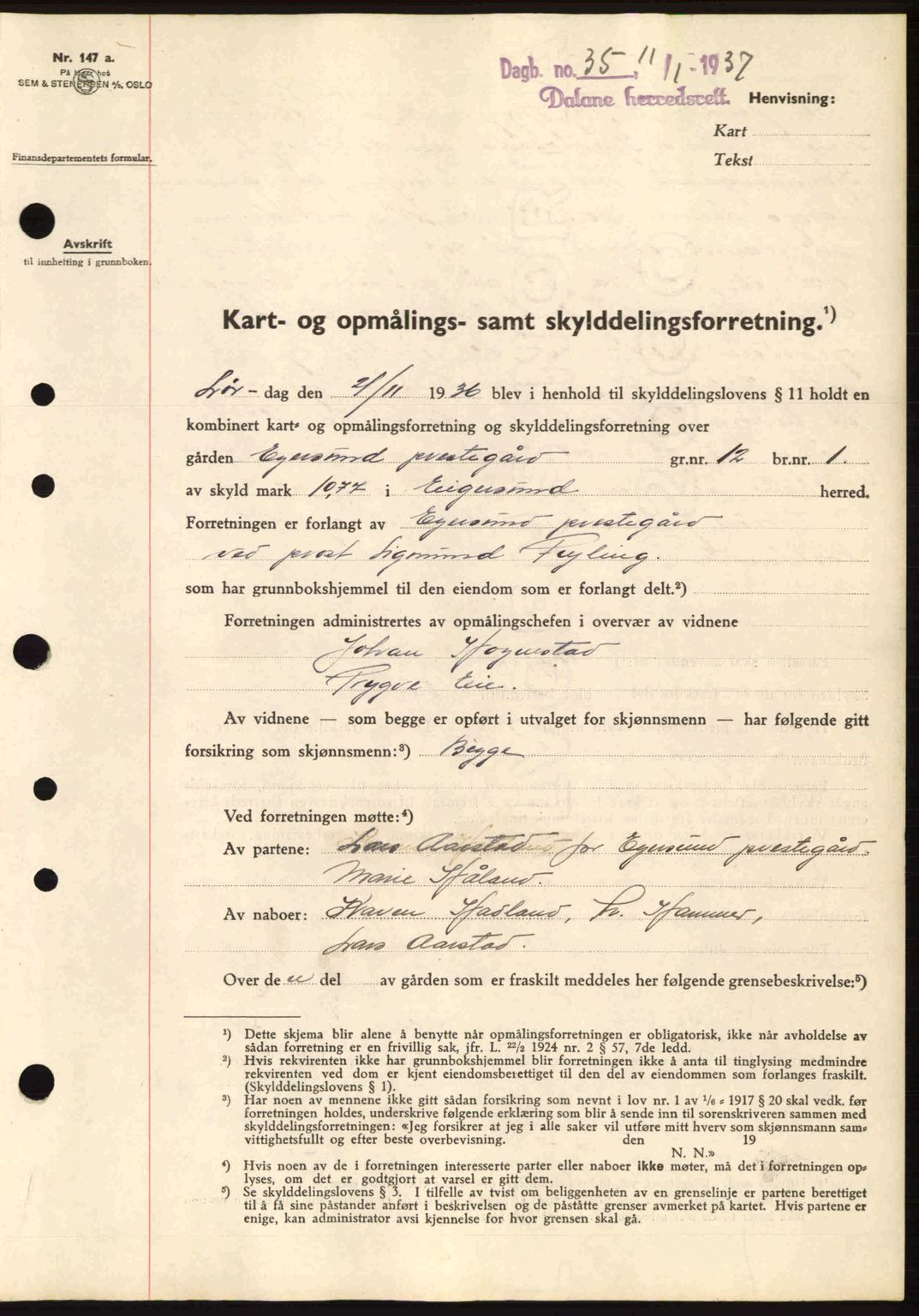 Dalane sorenskriveri, SAST/A-100309/02/G/Gb/L0041: Pantebok nr. A2, 1936-1937, Dagboknr: 35/1937