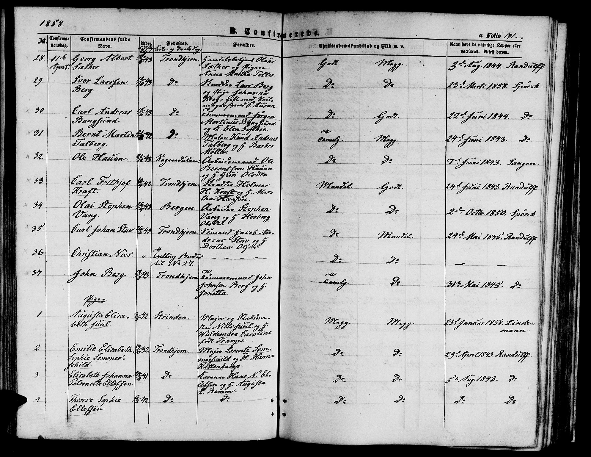 Ministerialprotokoller, klokkerbøker og fødselsregistre - Sør-Trøndelag, SAT/A-1456/602/L0138: Klokkerbok nr. 602C06, 1853-1858, s. 191