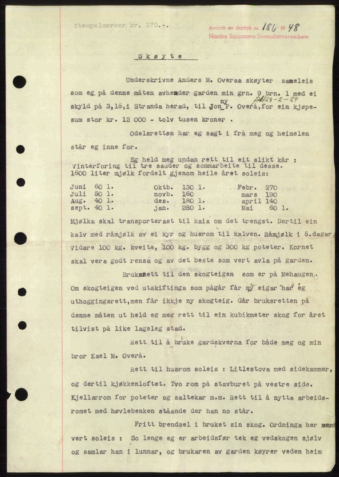 Nordre Sunnmøre sorenskriveri, AV/SAT-A-0006/1/2/2C/2Ca: Pantebok nr. A26, 1947-1948, Dagboknr: 186/1948