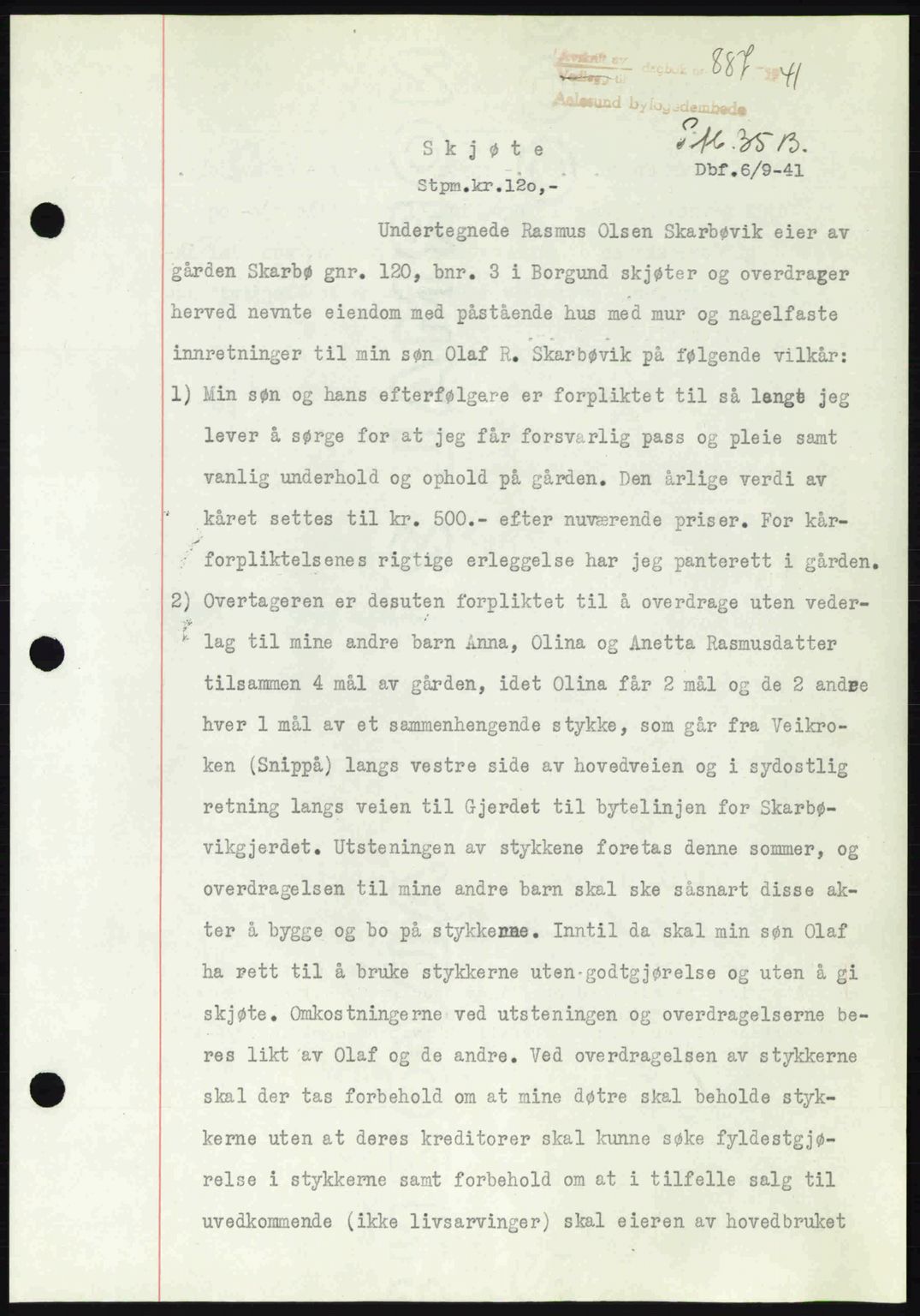 Ålesund byfogd, AV/SAT-A-4384: Pantebok nr. 35, 1940-1944, Dagboknr: 887/1941