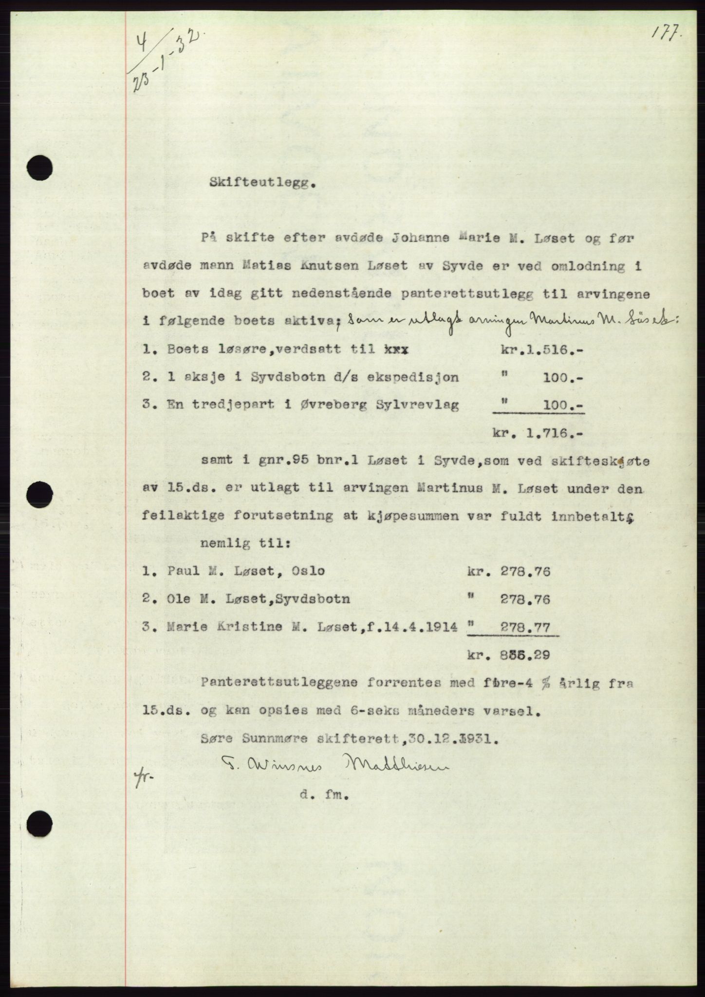 Søre Sunnmøre sorenskriveri, AV/SAT-A-4122/1/2/2C/L0053: Pantebok nr. 47, 1931-1932, Tingl.dato: 23.01.1932