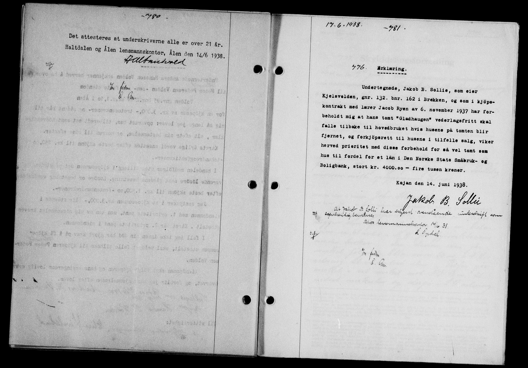 Gauldal sorenskriveri, SAT/A-0014/1/2/2C/L0048: Pantebok nr. 51-52, 1937-1938, s. 780, Dagboknr: 776/1938