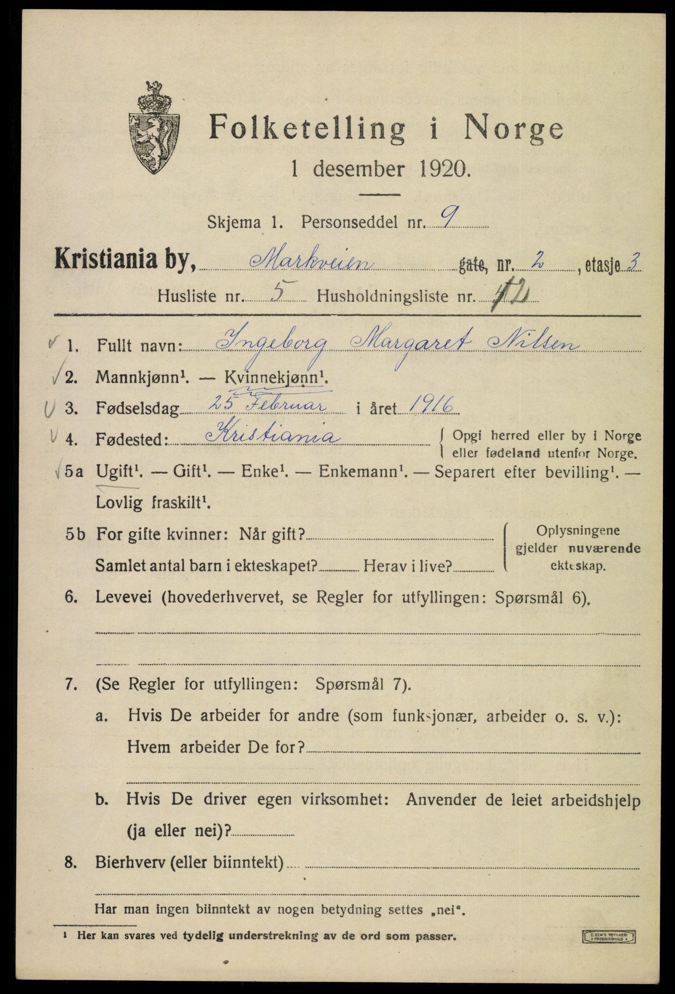 SAO, Folketelling 1920 for 0301 Kristiania kjøpstad, 1920, s. 385219