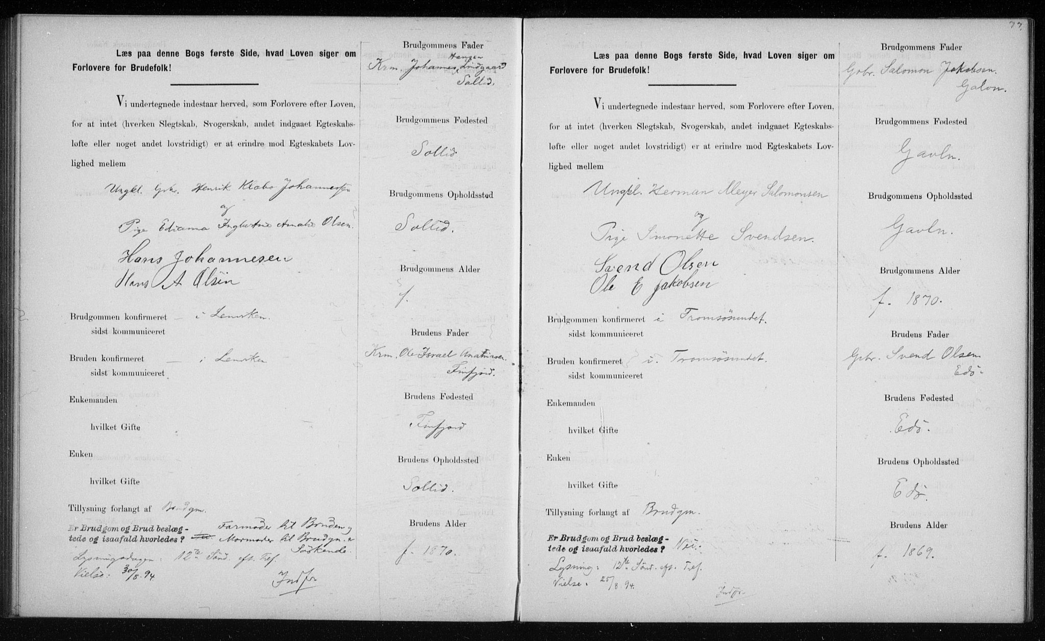 Lenvik sokneprestembete, AV/SATØ-S-1310/I/Ie/L0129: Lysningsprotokoll nr. 129, 1890-1895, s. 77