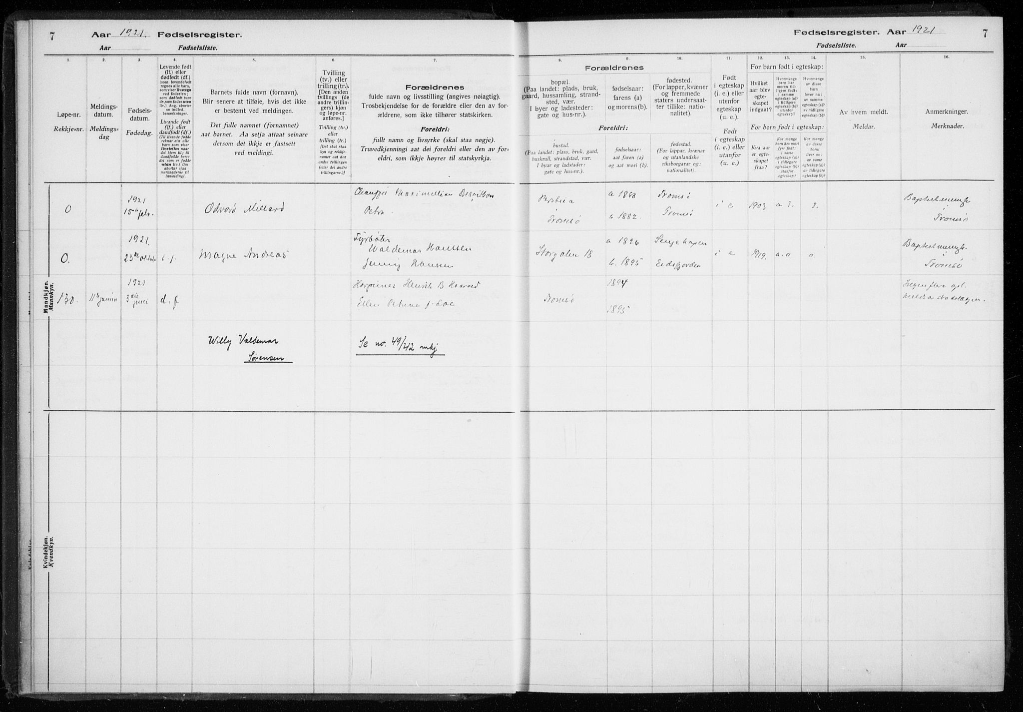 Tromsø sokneprestkontor/stiftsprosti/domprosti, SATØ/S-1343/H/Ha/L0132: Fødselsregister nr. 132, 1921-1927, s. 7