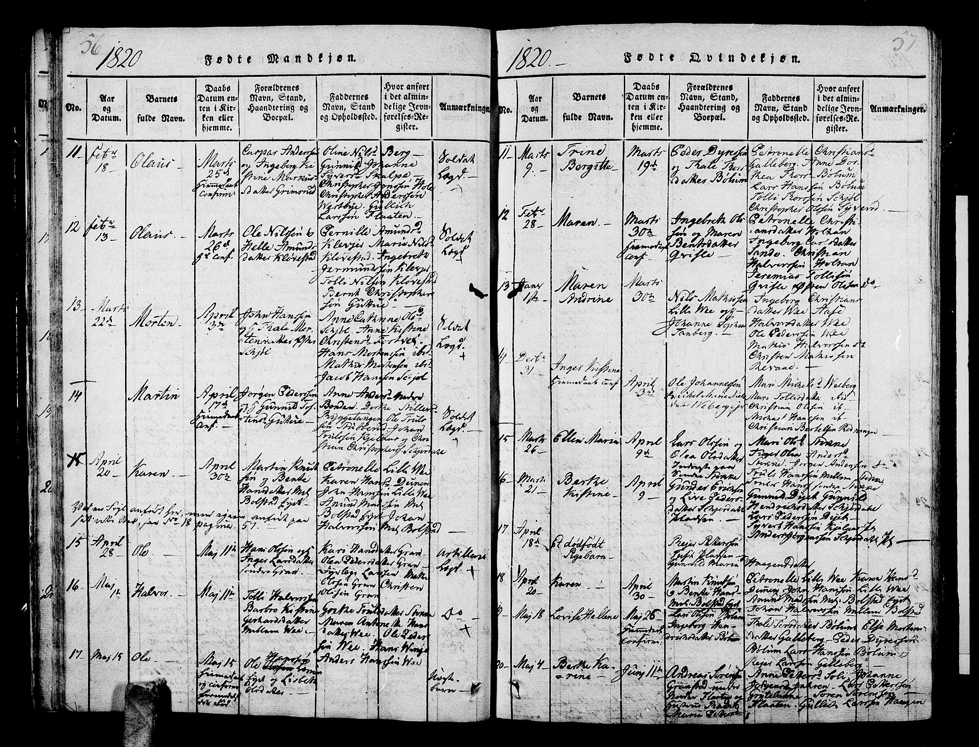 Sande Kirkebøker, AV/SAKO-A-53/G/Ga/L0001: Klokkerbok nr. 1, 1814-1847, s. 56-57