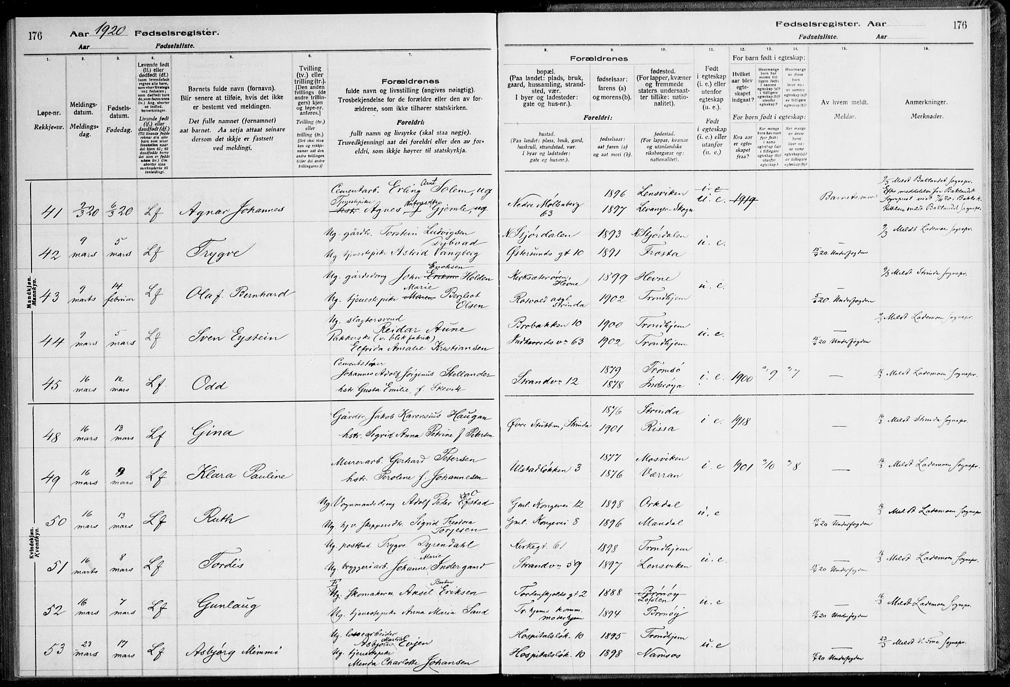 Ministerialprotokoller, klokkerbøker og fødselsregistre - Sør-Trøndelag, SAT/A-1456/600/L0002: Fødselsregister nr. 600.II.4.1, 1916-1920, s. 176