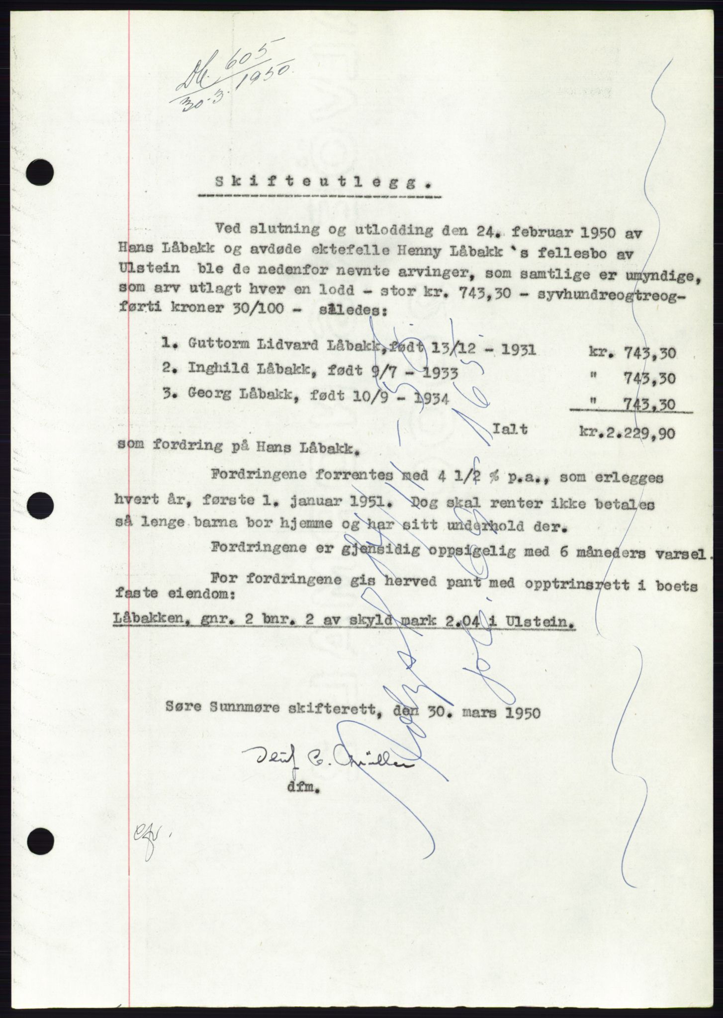Søre Sunnmøre sorenskriveri, SAT/A-4122/1/2/2C/L0118: Pantebok nr. 6B, 1949-1950, Dagboknr: 605/1950