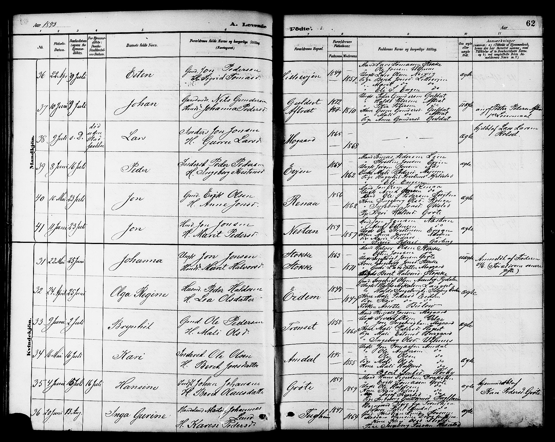 Ministerialprotokoller, klokkerbøker og fødselsregistre - Sør-Trøndelag, AV/SAT-A-1456/695/L1157: Klokkerbok nr. 695C08, 1889-1913, s. 62