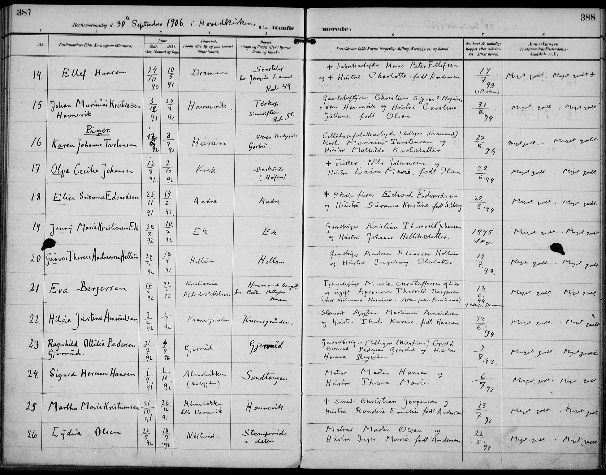 Strømm kirkebøker, AV/SAKO-A-322/F/Fa/L0005: Ministerialbok nr. I 5, 1898-1919, s. 387-388