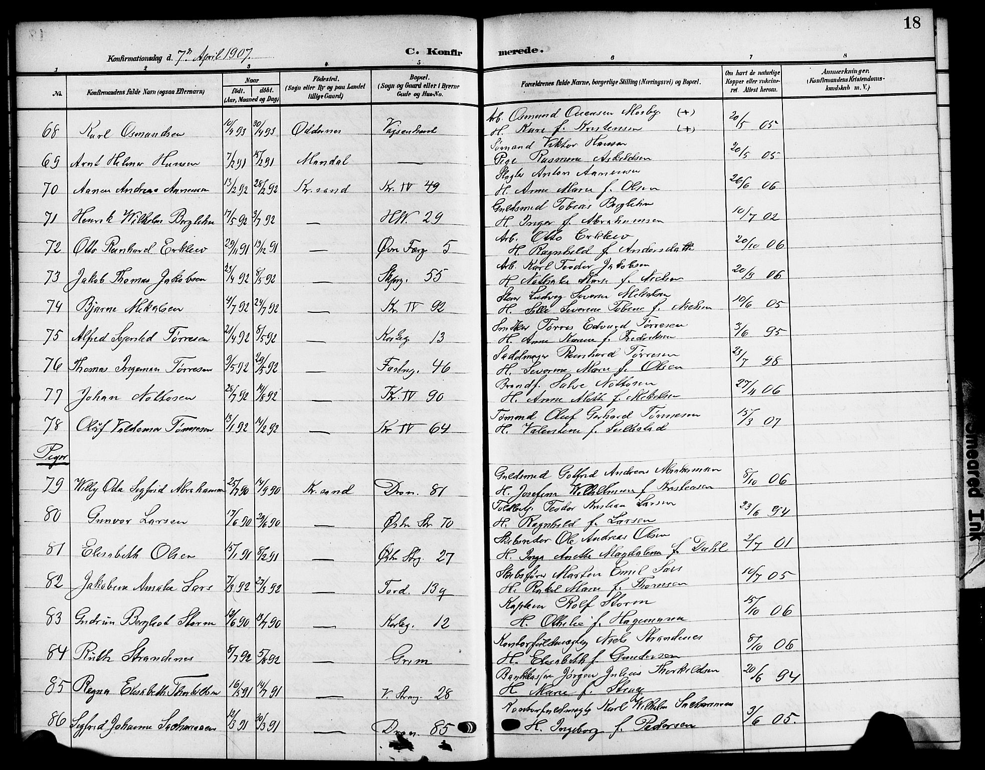 Kristiansand domprosti, AV/SAK-1112-0006/F/Fb/L0020: Klokkerbok nr. B 20, 1906-1915, s. 18