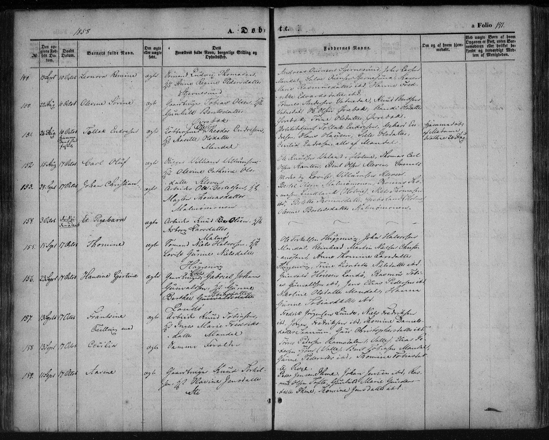 Mandal sokneprestkontor, AV/SAK-1111-0030/F/Fa/Faa/L0013: Ministerialbok nr. A 13, 1847-1859, s. 171