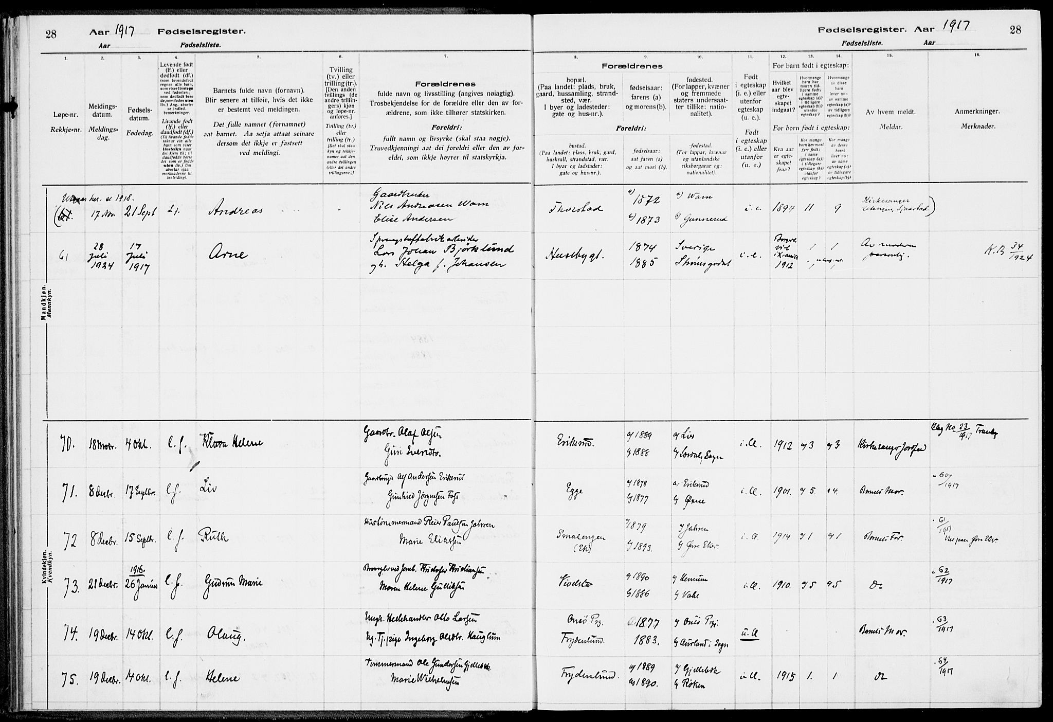 Lier kirkebøker, AV/SAKO-A-230/J/Ja/L0001: Fødselsregister nr. 1, 1916-1928, s. 28
