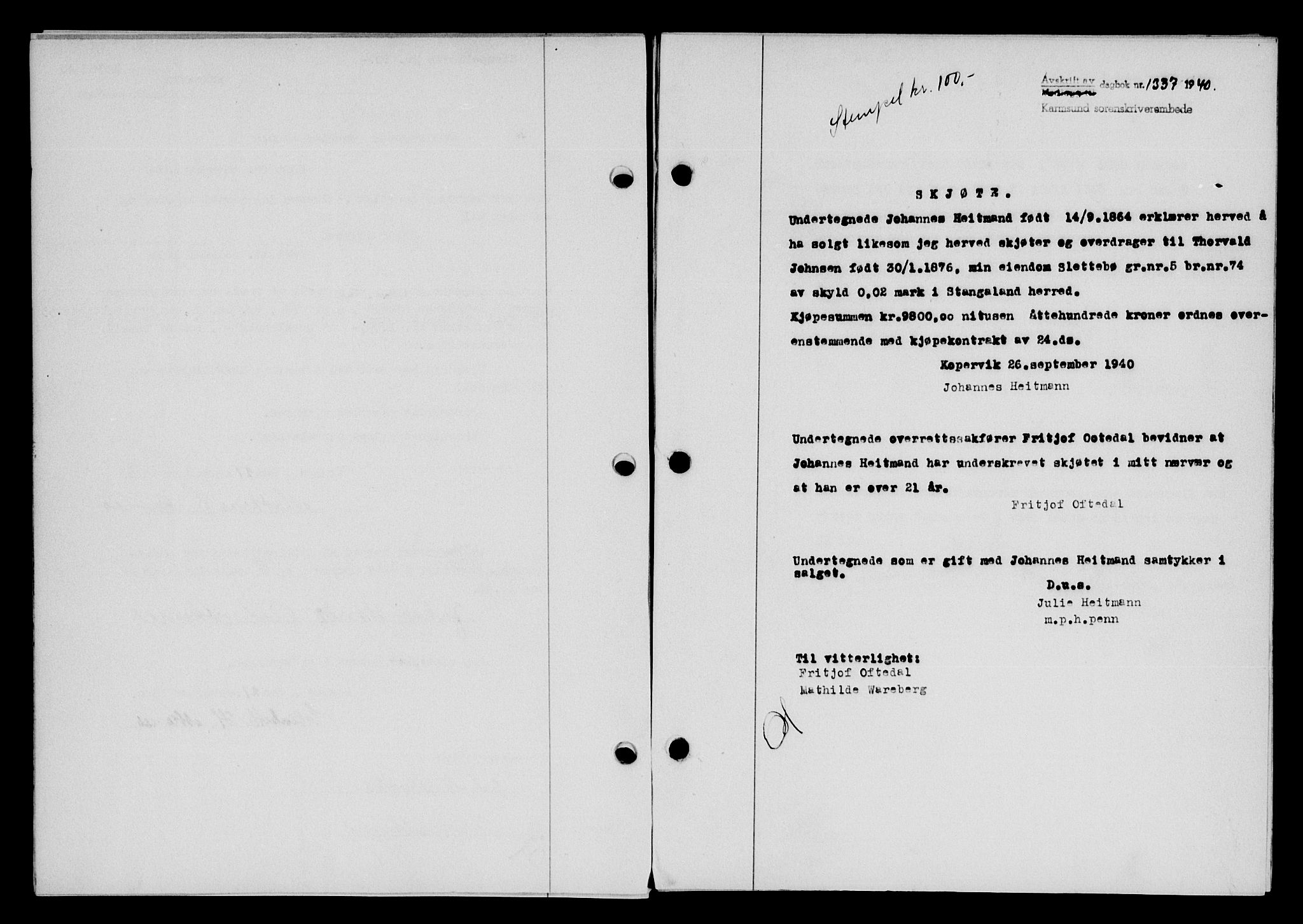 Karmsund sorenskriveri, SAST/A-100311/01/II/IIB/L0074: Pantebok nr. 55A, 1940-1941, Dagboknr: 1337/1940