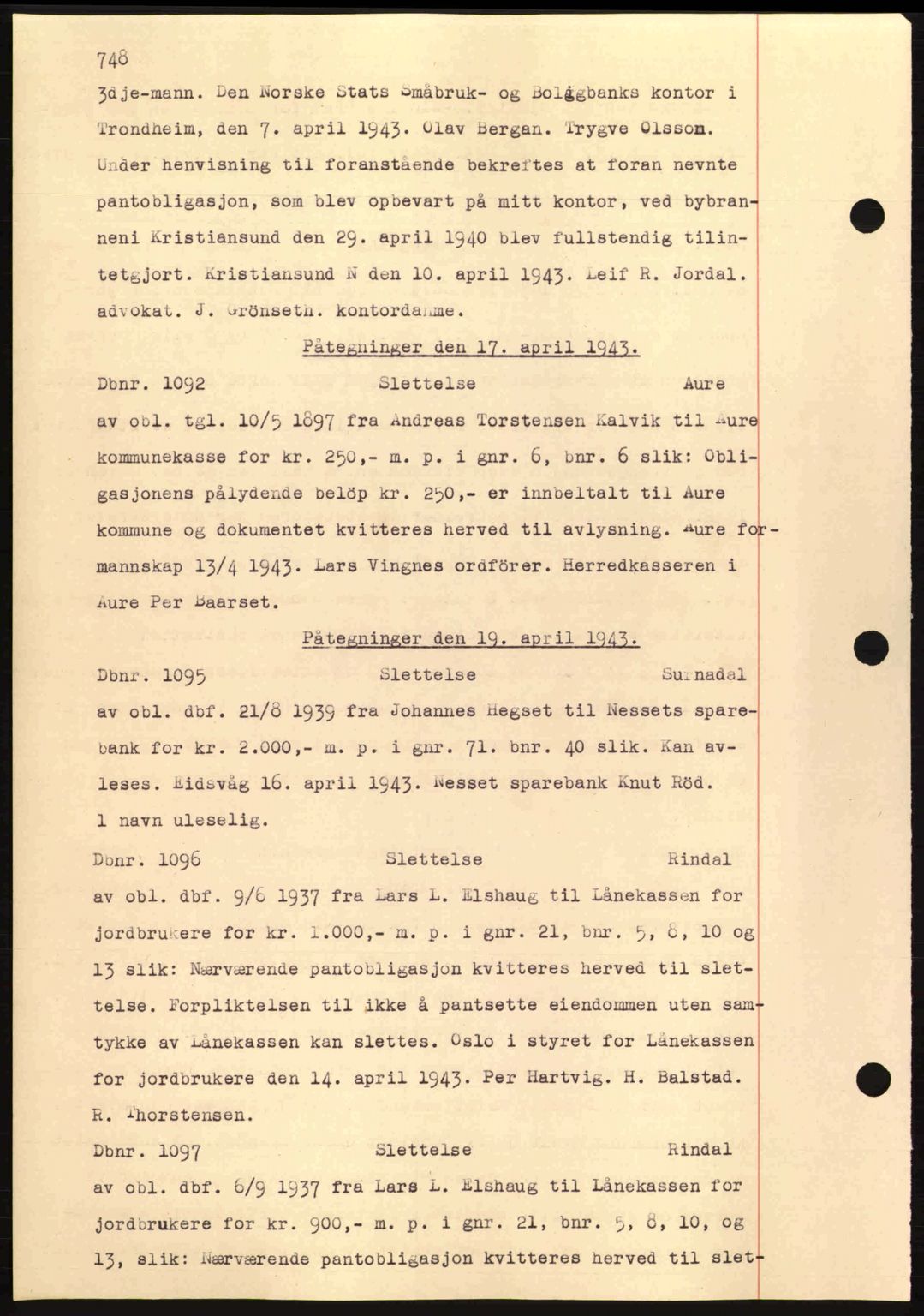 Nordmøre sorenskriveri, AV/SAT-A-4132/1/2/2Ca: Pantebok nr. C81, 1940-1945, Dagboknr: 1092/1943