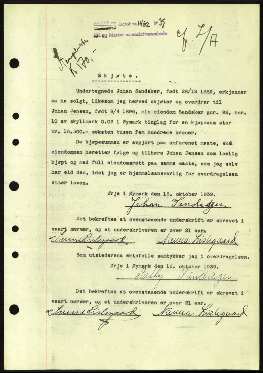 Idd og Marker sorenskriveri, AV/SAO-A-10283/G/Gb/Gbb/L0003: Pantebok nr. A3, 1938-1939, Dagboknr: 1462/1939