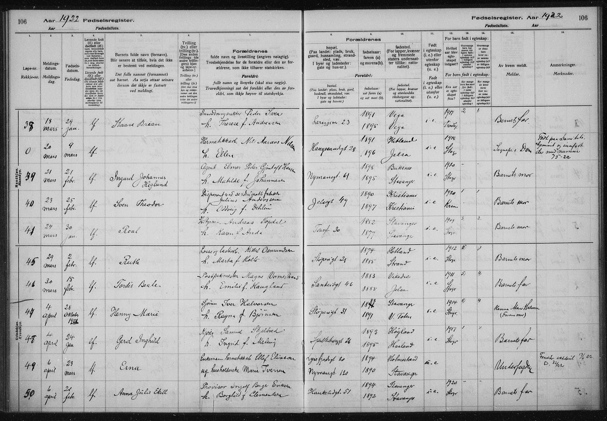 St. Johannes sokneprestkontor, AV/SAST-A-101814/002/A/L0002: Fødselsregister nr. 2, 1919-1924, s. 106