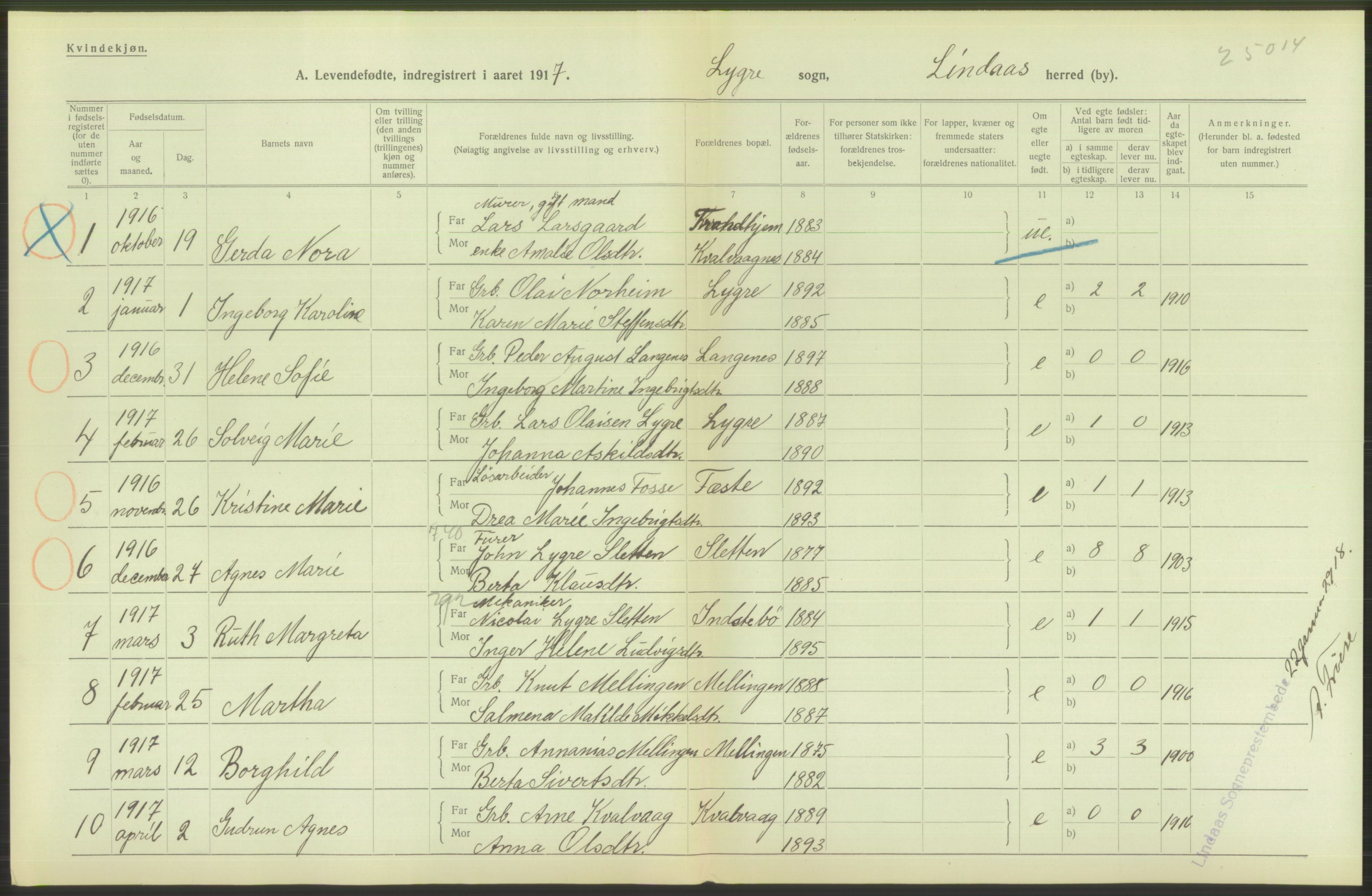 Statistisk sentralbyrå, Sosiodemografiske emner, Befolkning, RA/S-2228/D/Df/Dfb/Dfbg/L0034: S. Bergenhus amt: Levendefødte menn og kvinner. Bygder., 1917, s. 52